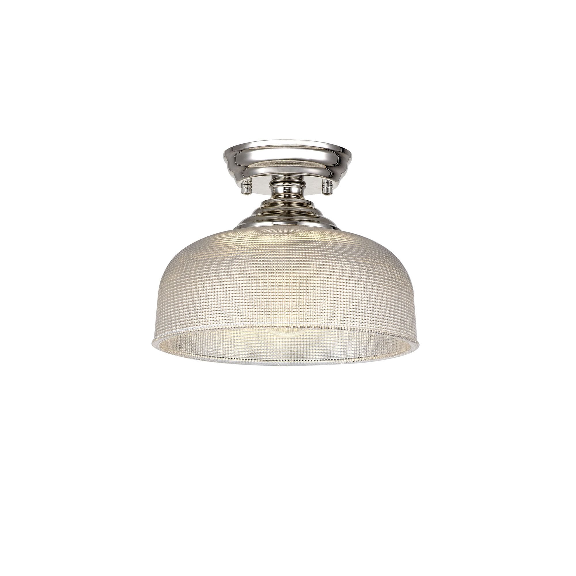 Fabula Mansfield Single Flush Light - 26.5cm Round Prismatic Effect Glass Shade - Polished Nickel & Clear Glass