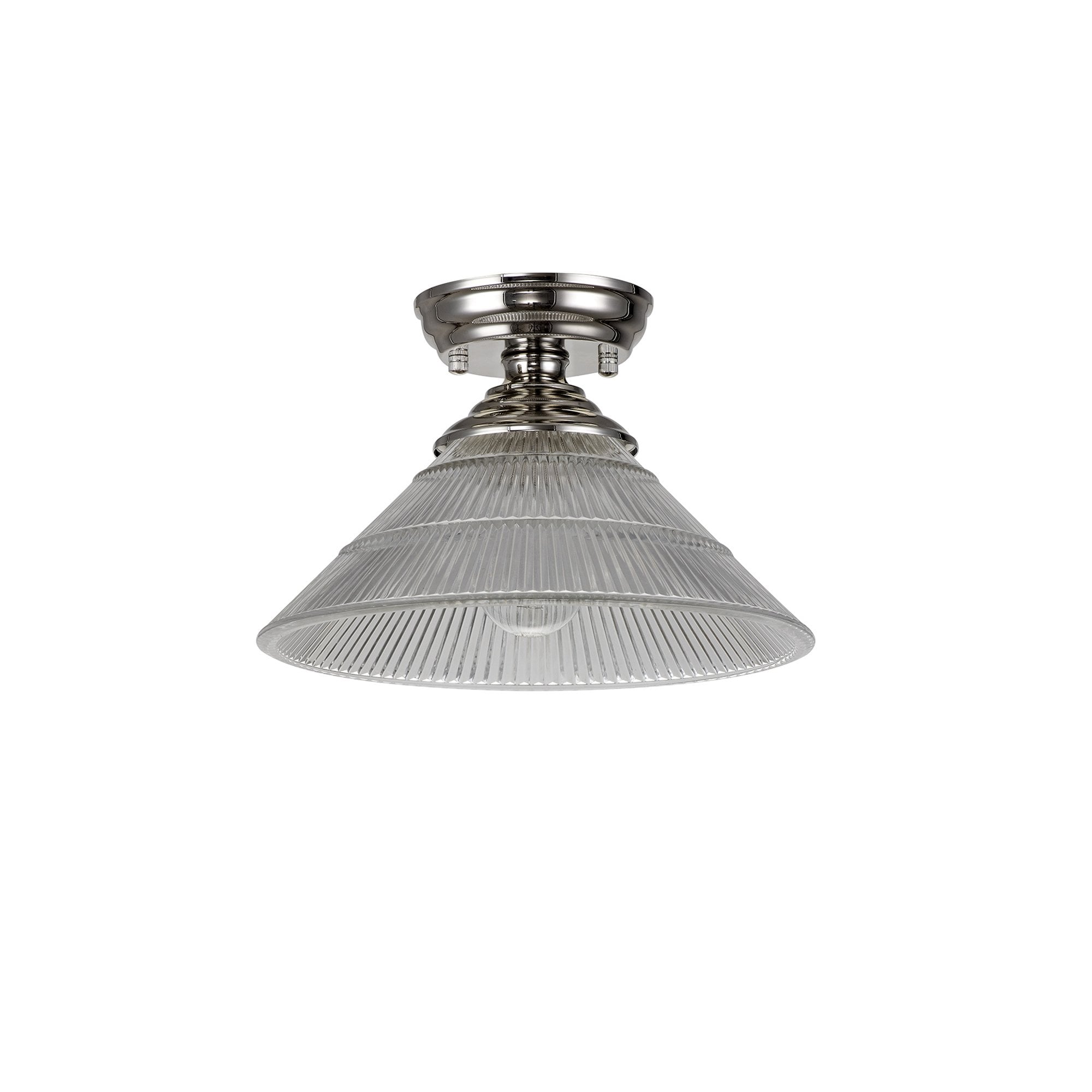 Fabula Mansfield Single Flush Light - 30cm Cone Glass Shade - Polished Nickel & Clear Glass
