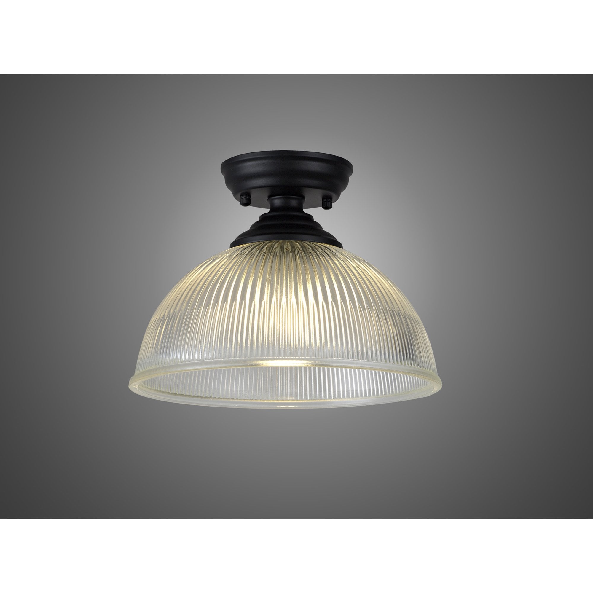 Fabula Mansfield Single Flush Light - 30cm Dome Glass Shade - Matt Black & Clear Glass