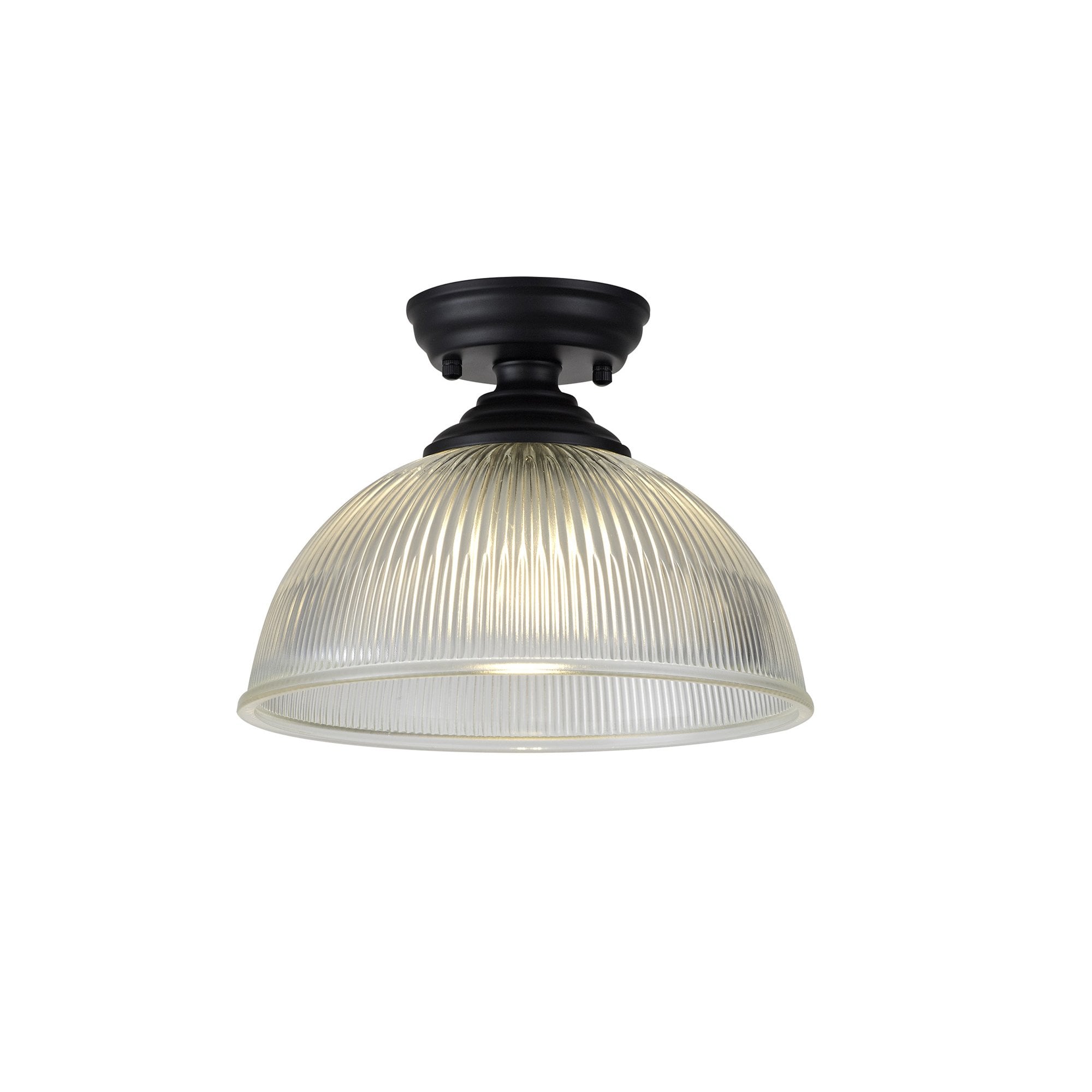 Fabula Mansfield Single Flush Light - 30cm Dome Glass Shade - Matt Black & Clear Glass