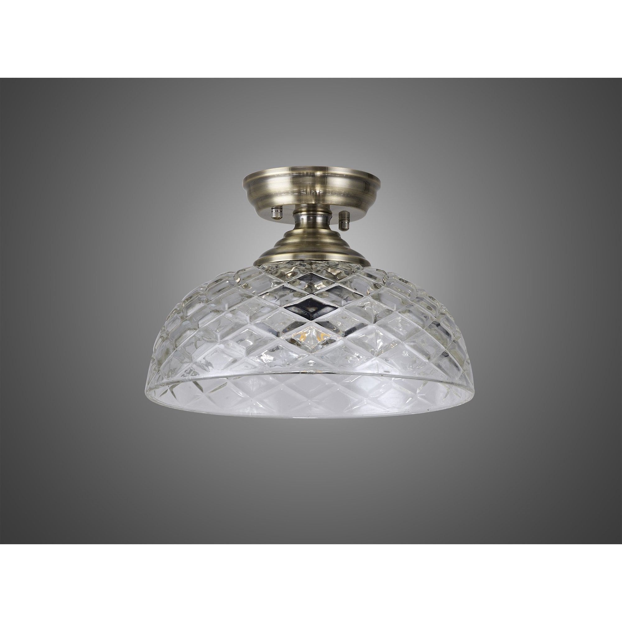 Fabula Mansfield Single Flush Light - 30cm Flat Round Patterned Glass Shade - Antique Brass & Clear Glass