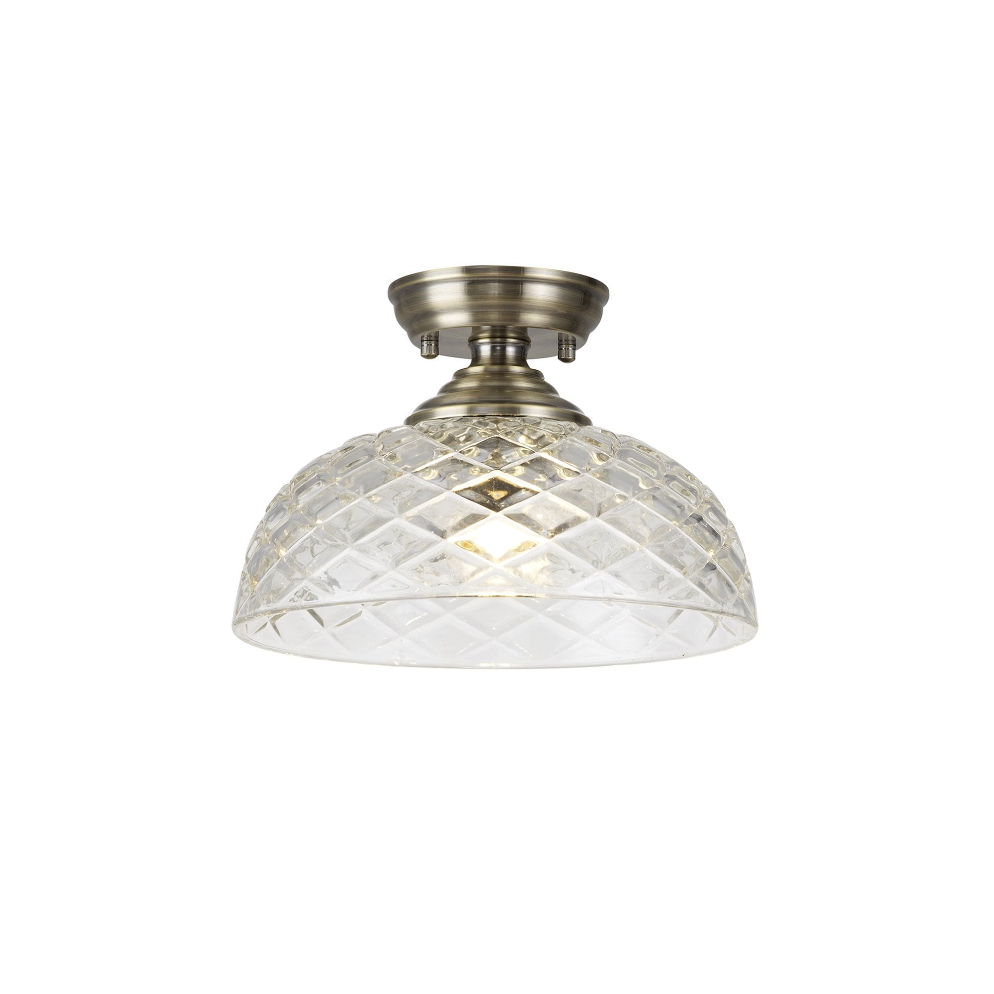 Fabula Mansfield Single Flush Light - 30cm Flat Round Patterned Glass Shade - Antique Brass & Clear Glass