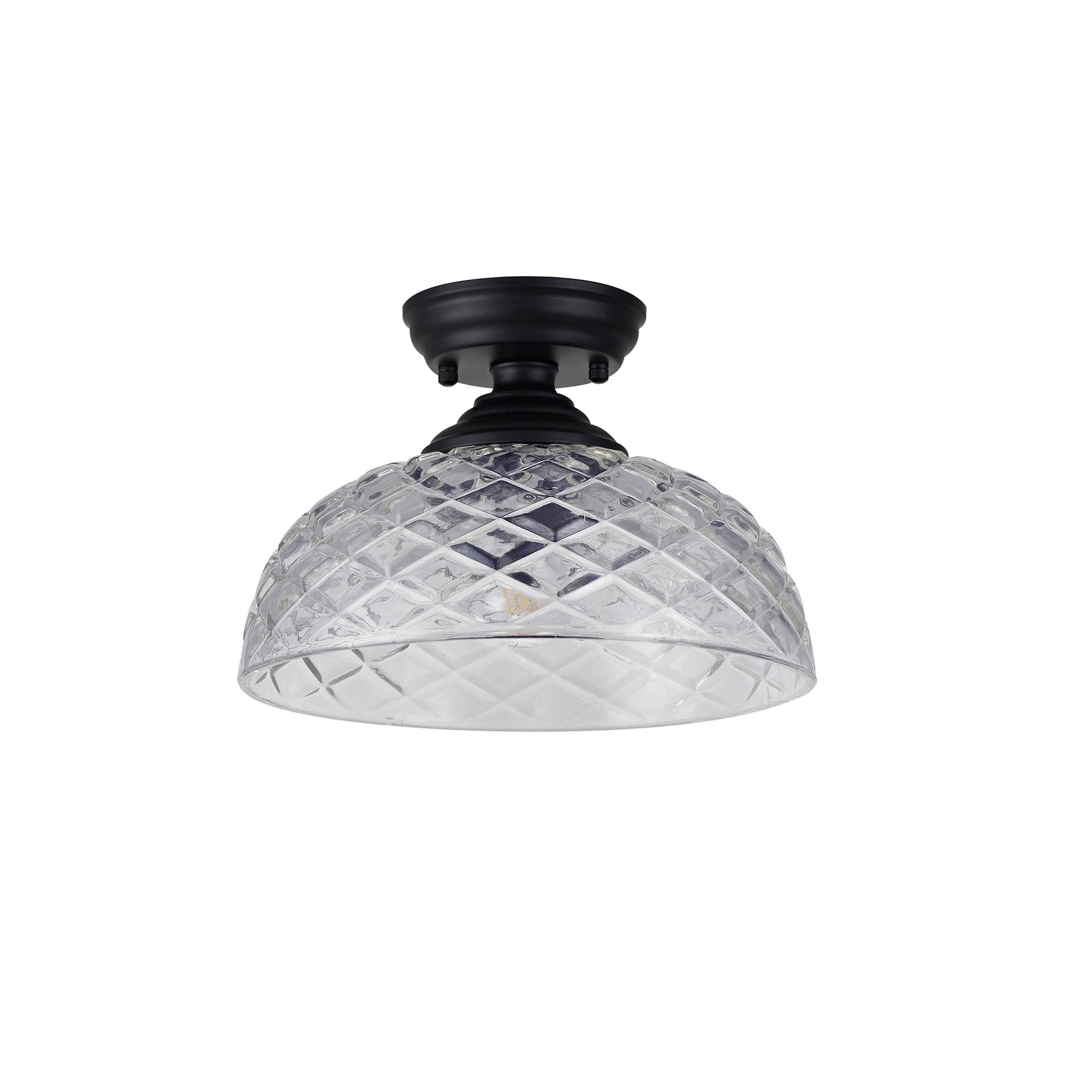 Fabula Mansfield Single Flush Light - 30cm Flat Round Patterned Glass Shade - Matt Black & Clear Glass