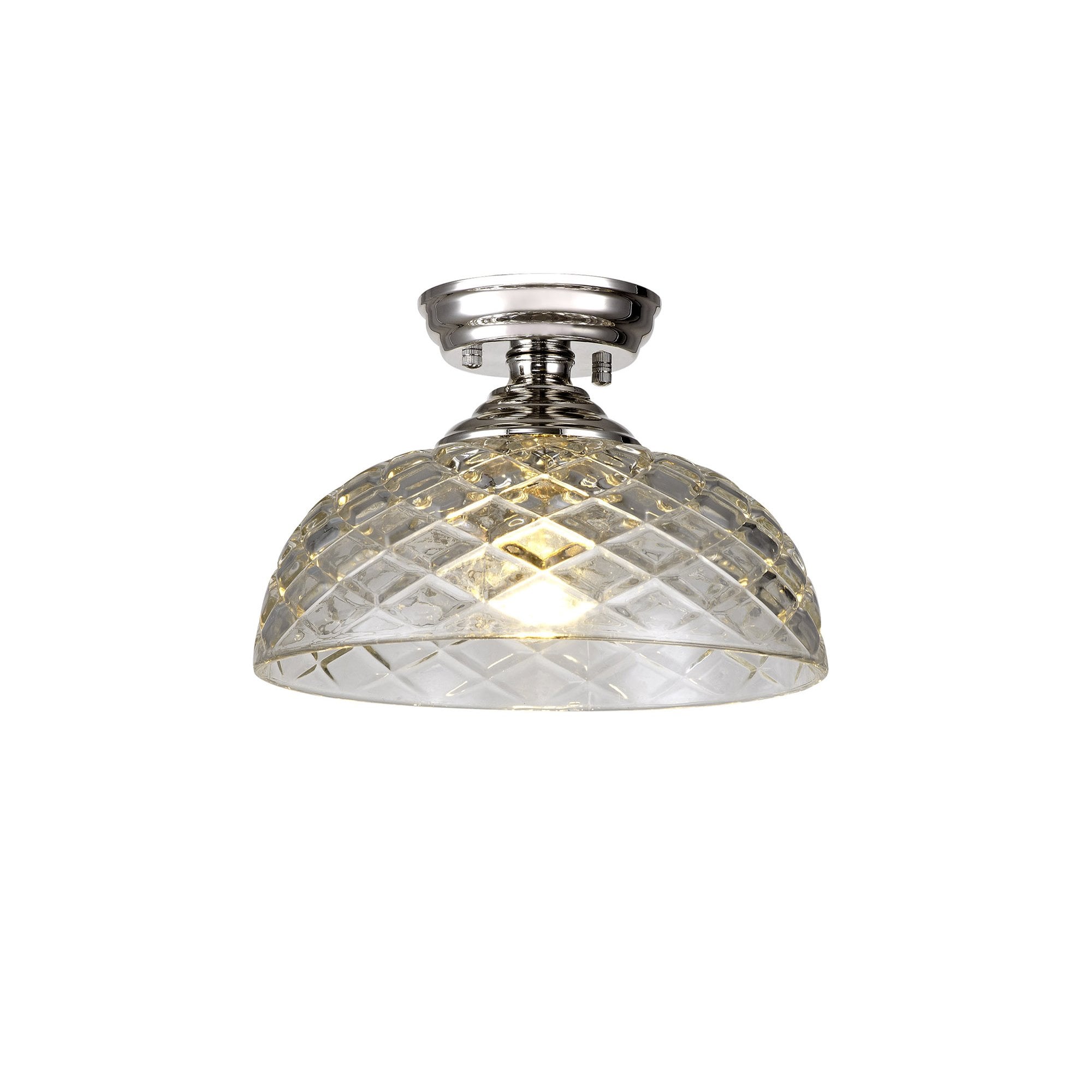 Fabula Mansfield Single Flush Light - 30cm Flat Round Patterned Glass Shade - Polished Nickel & Clear Glass