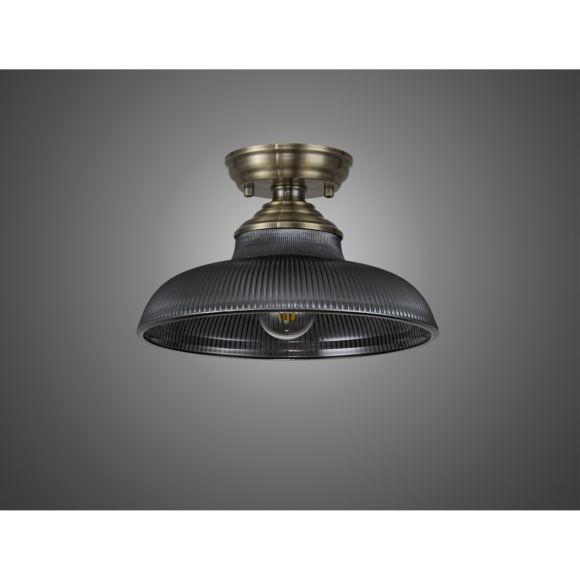 Fabula Mansfield Single Flush Light - 30cm Round Glass Shade - Antique Brass & Smoked Glass