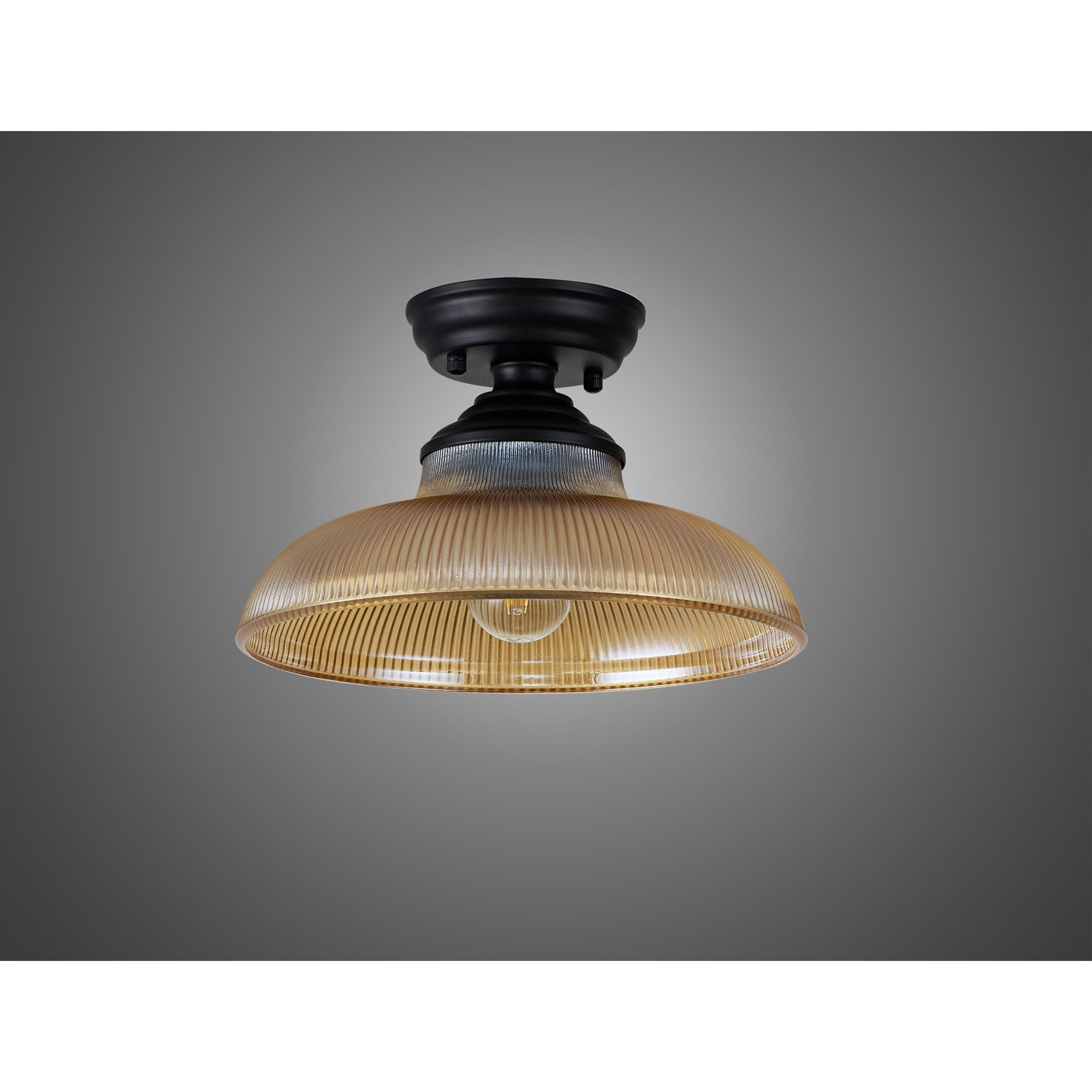 Fabula Mansfield Single Flush Light - 30cm Round Glass Shade - Matt Black & Amber Glass