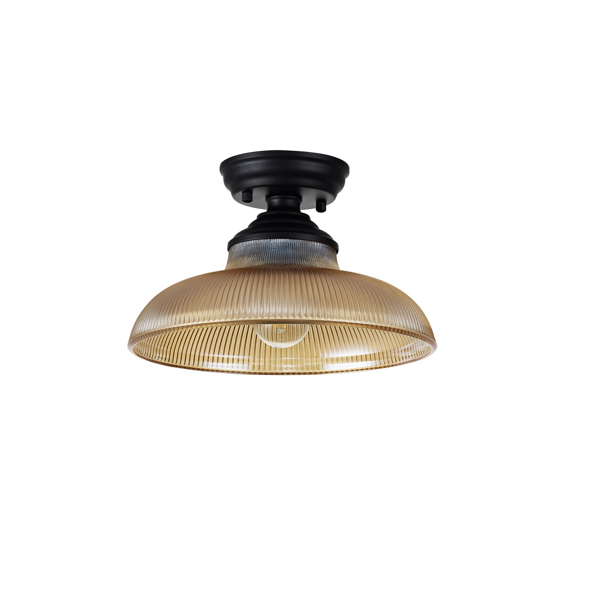 Fabula Mansfield Single Flush Light - 30cm Round Glass Shade - Matt Black & Amber Glass