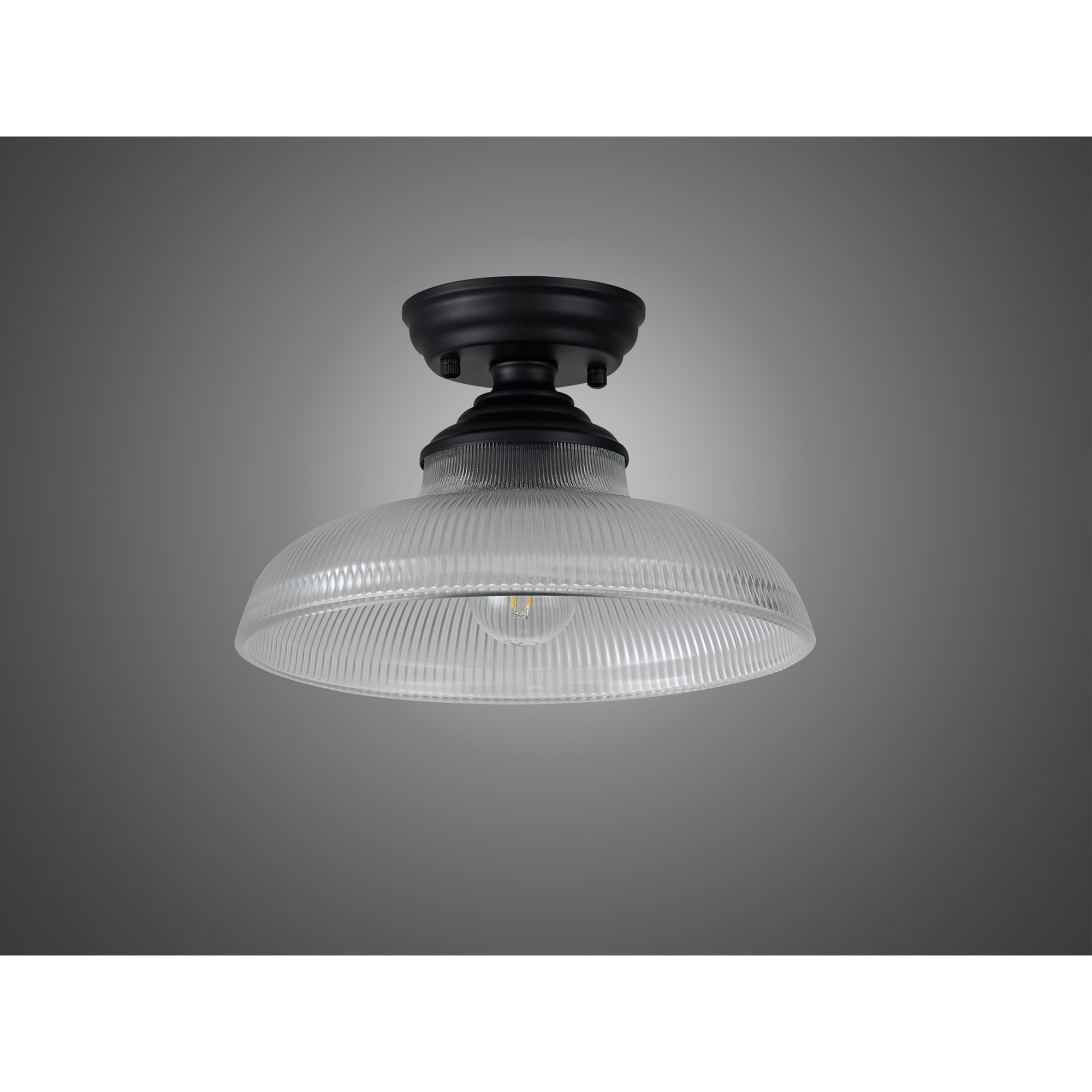 Fabula Mansfield Single Flush Light - 30cm Round Glass Shade - Matt Black & Clear Glass