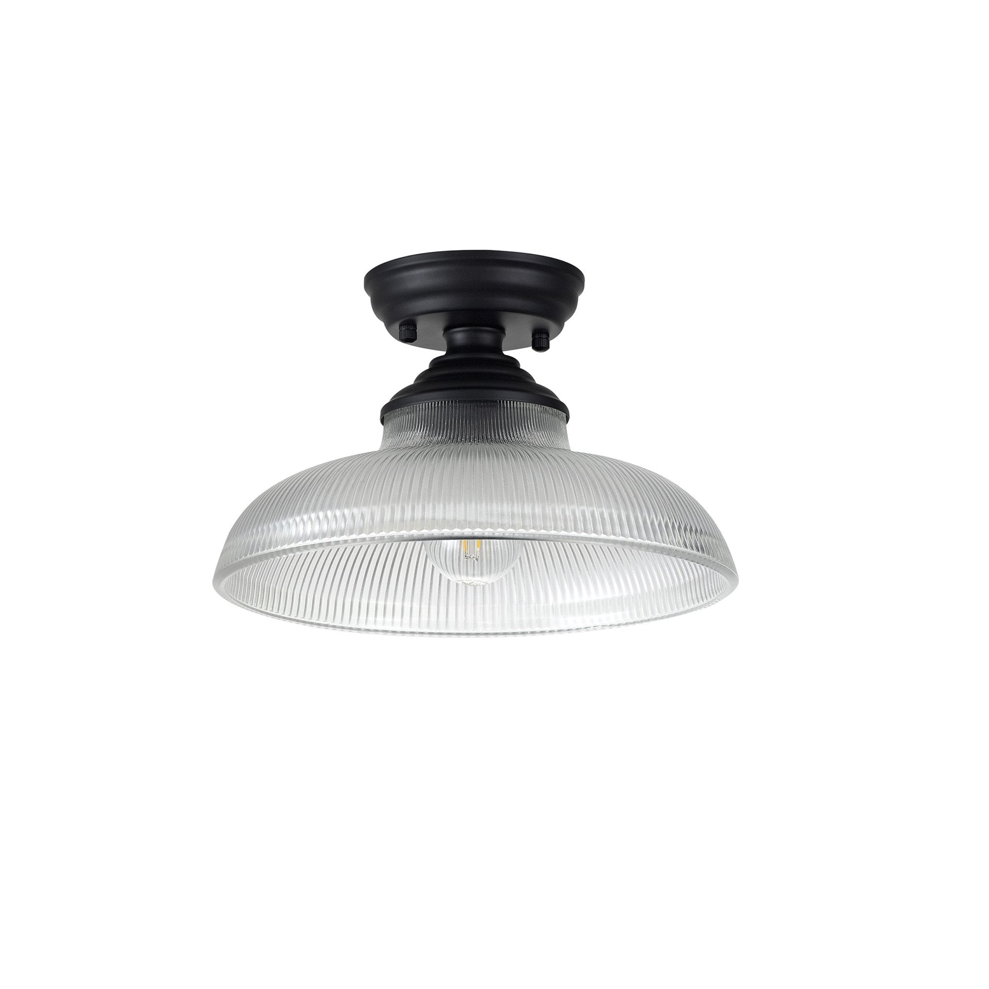Fabula Mansfield Single Flush Light - 30cm Round Glass Shade - Matt Black & Clear Glass