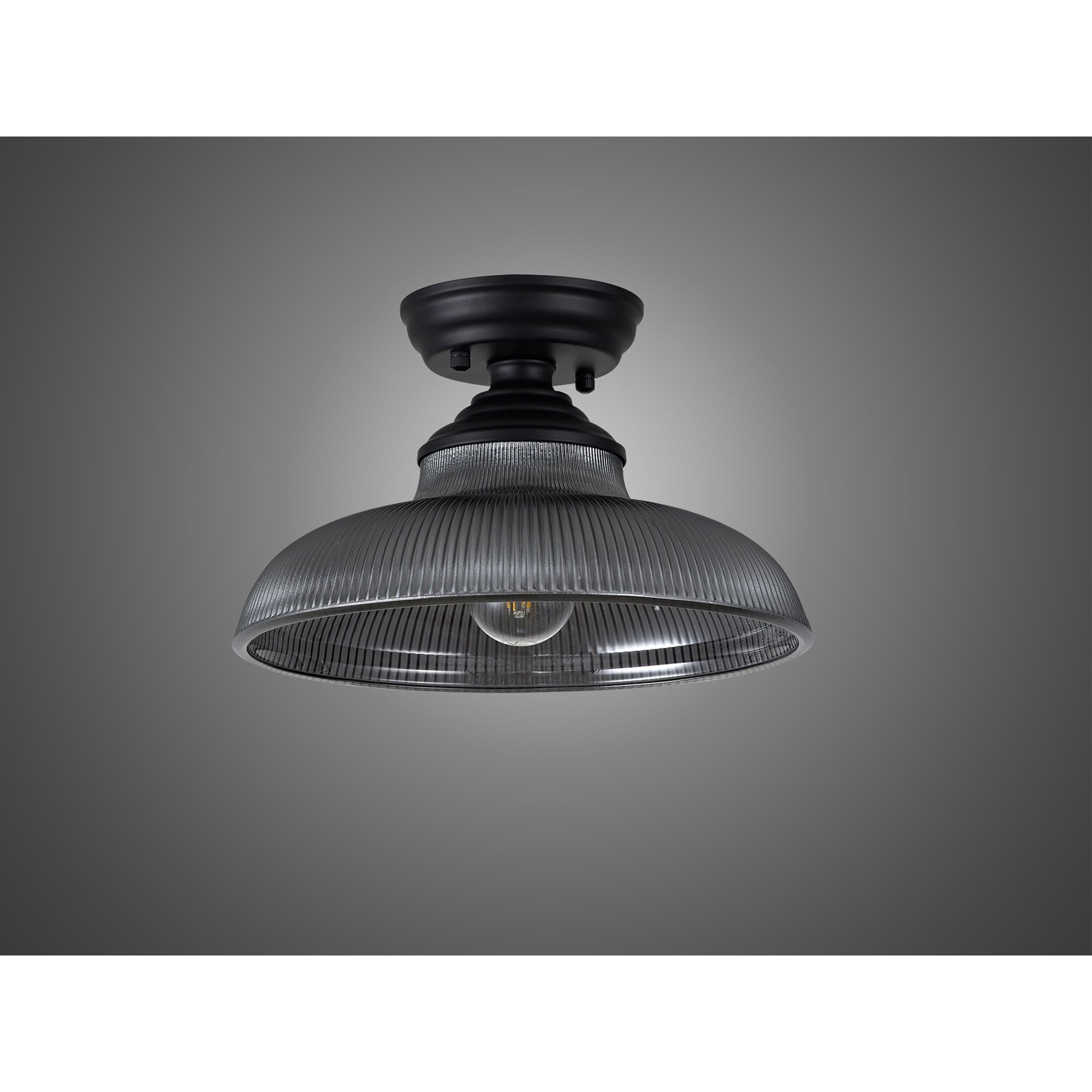 Fabula Mansfield Single Flush Light - 30cm Round Glass Shade - Matt Black & Smoked Glass
