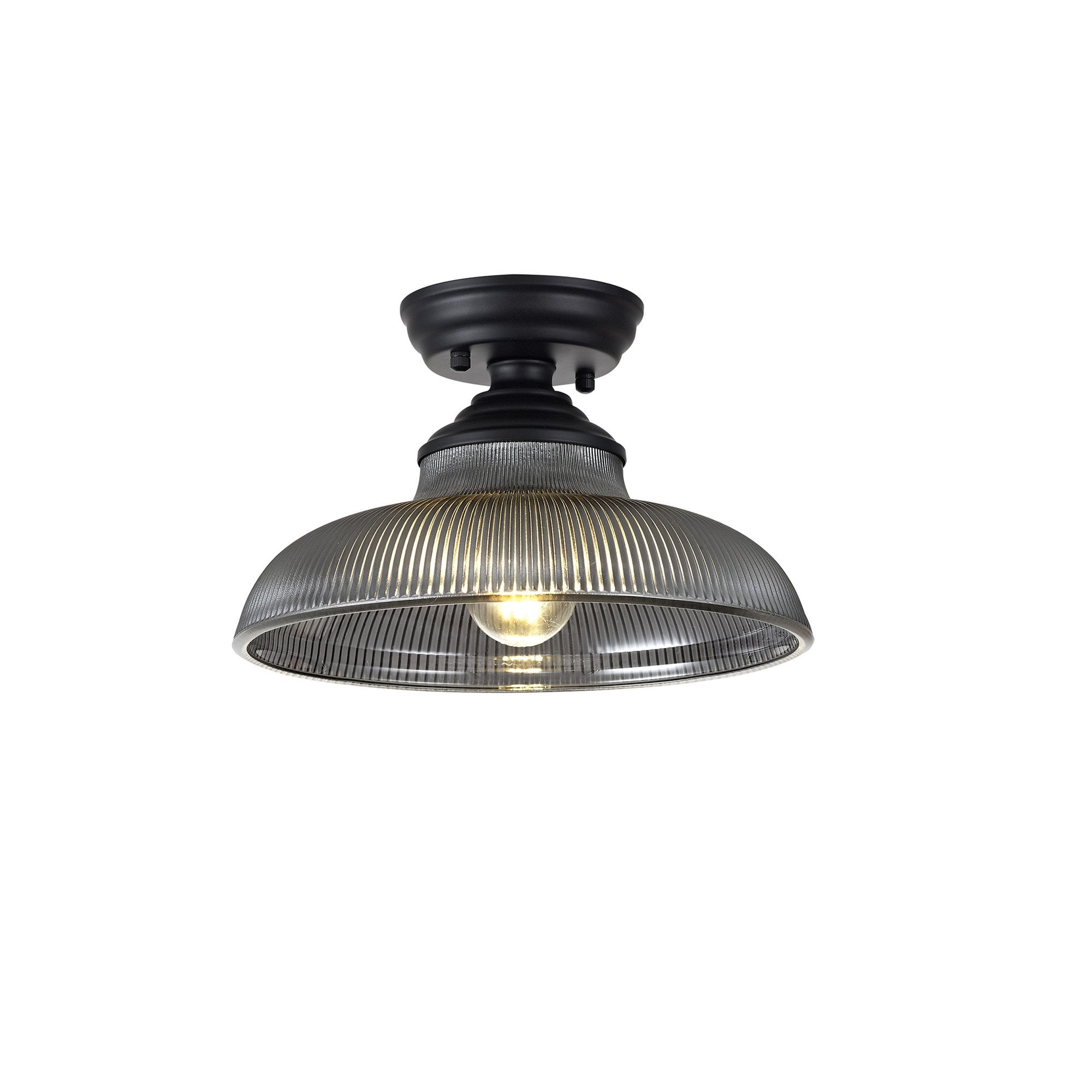 Fabula Mansfield Single Flush Light - 30cm Round Glass Shade - Matt Black & Smoked Glass