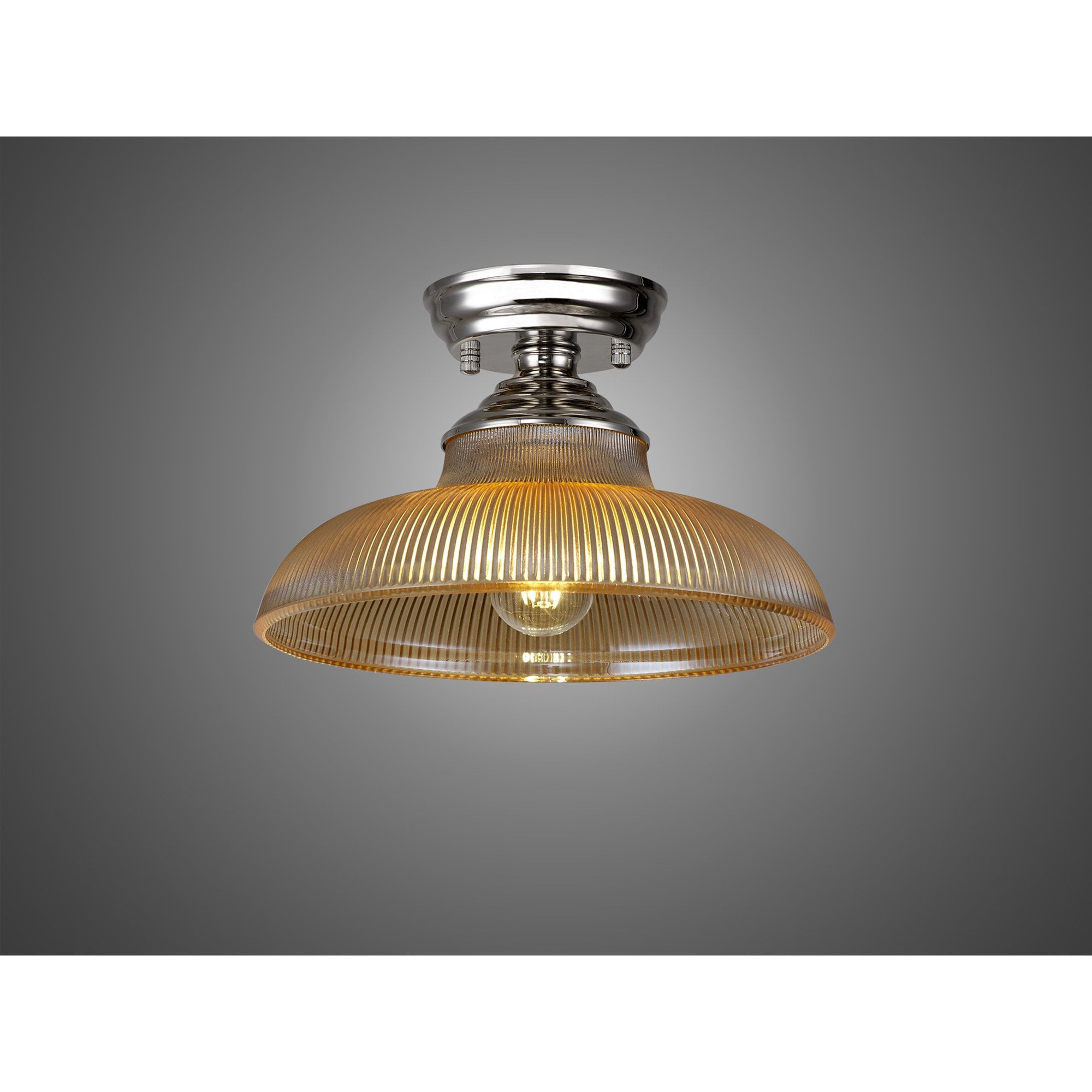 Fabula Mansfield Single Flush Light - 30cm Round Glass Shade - Polished Nickel & Amber Glass