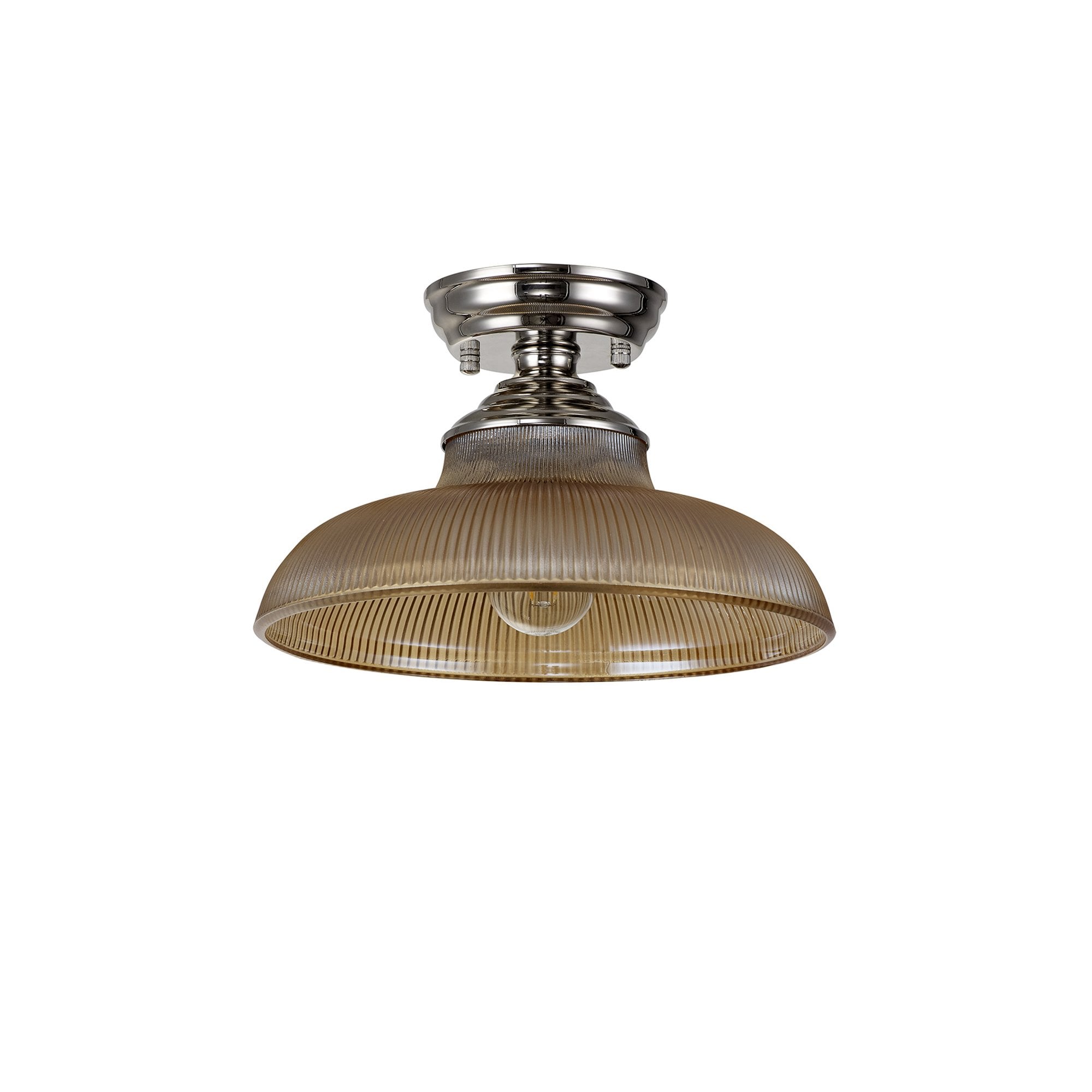 Fabula Mansfield Single Flush Light - 30cm Round Glass Shade - Polished Nickel & Amber Glass