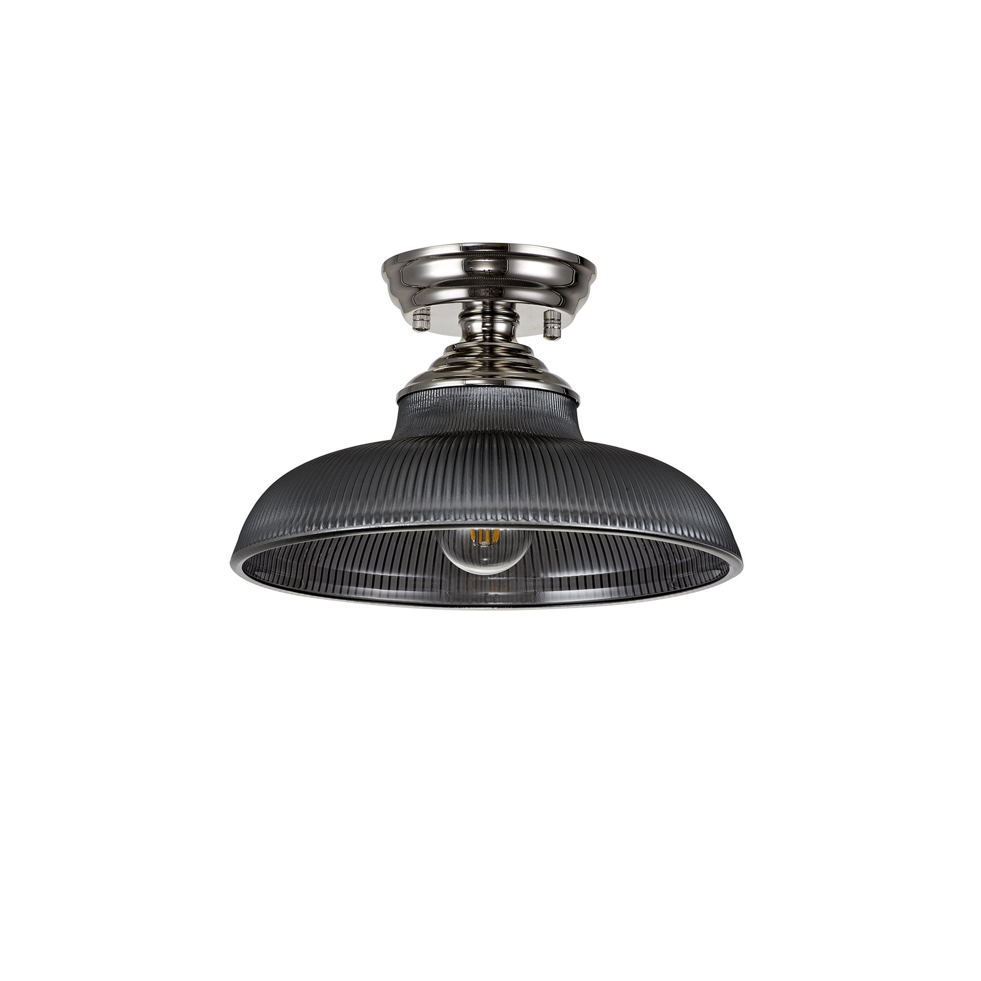 Fabula Mansfield Single Flush Light - 30cm Round Glass Shade - Polished Nickel & Smoked Glass