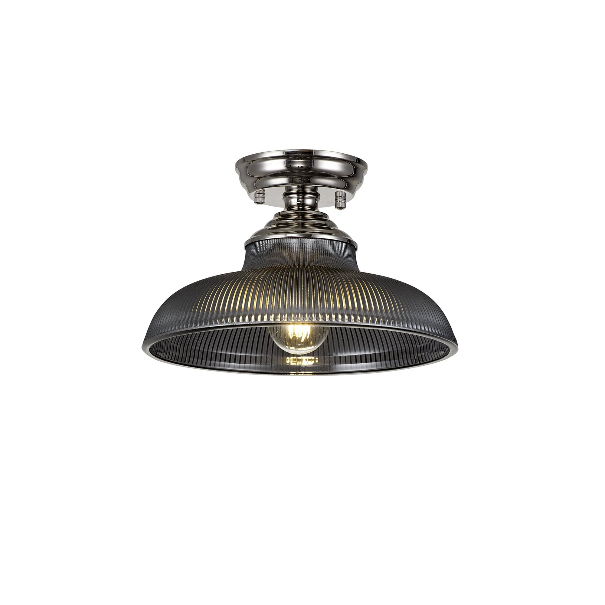 Fabula Mansfield Single Flush Light - 30cm Round Glass Shade - Polished Nickel & Smoked Glass