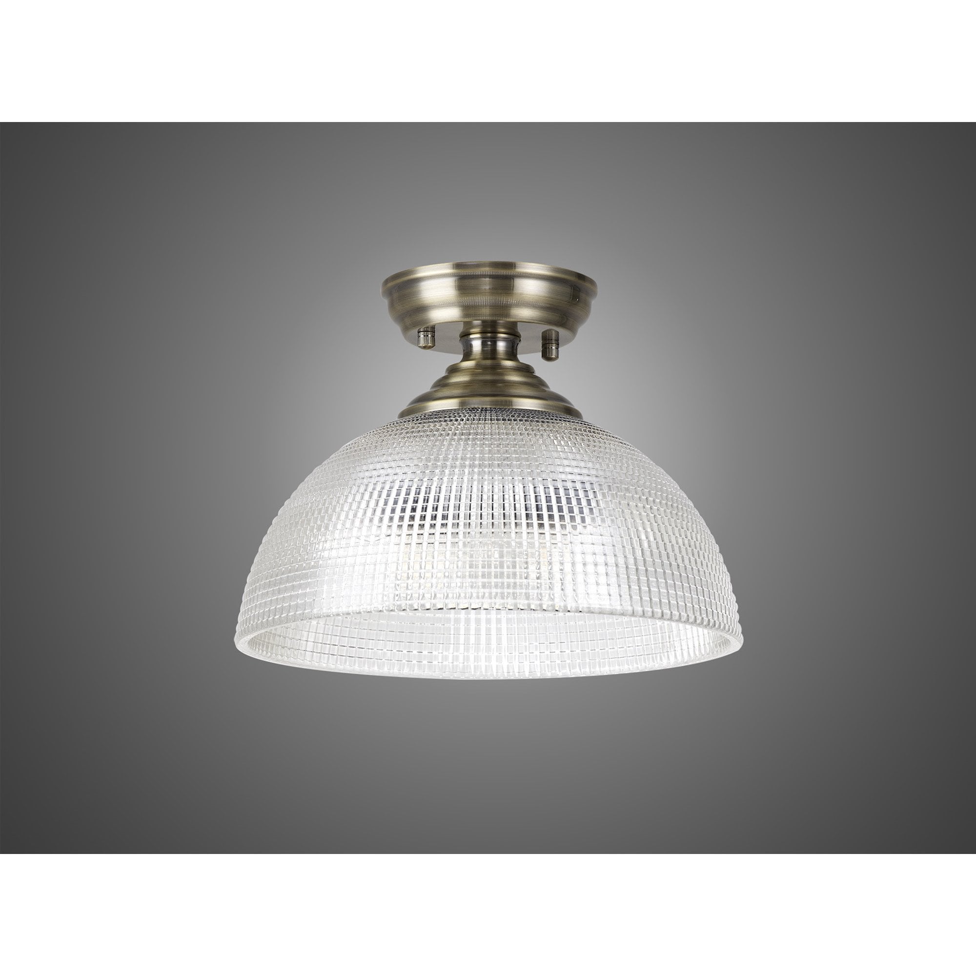 Fabula Mansfield Single Flush Light - 30cm Round Prismatic Effect Glass Shade - Antique Brass & Clear Glass