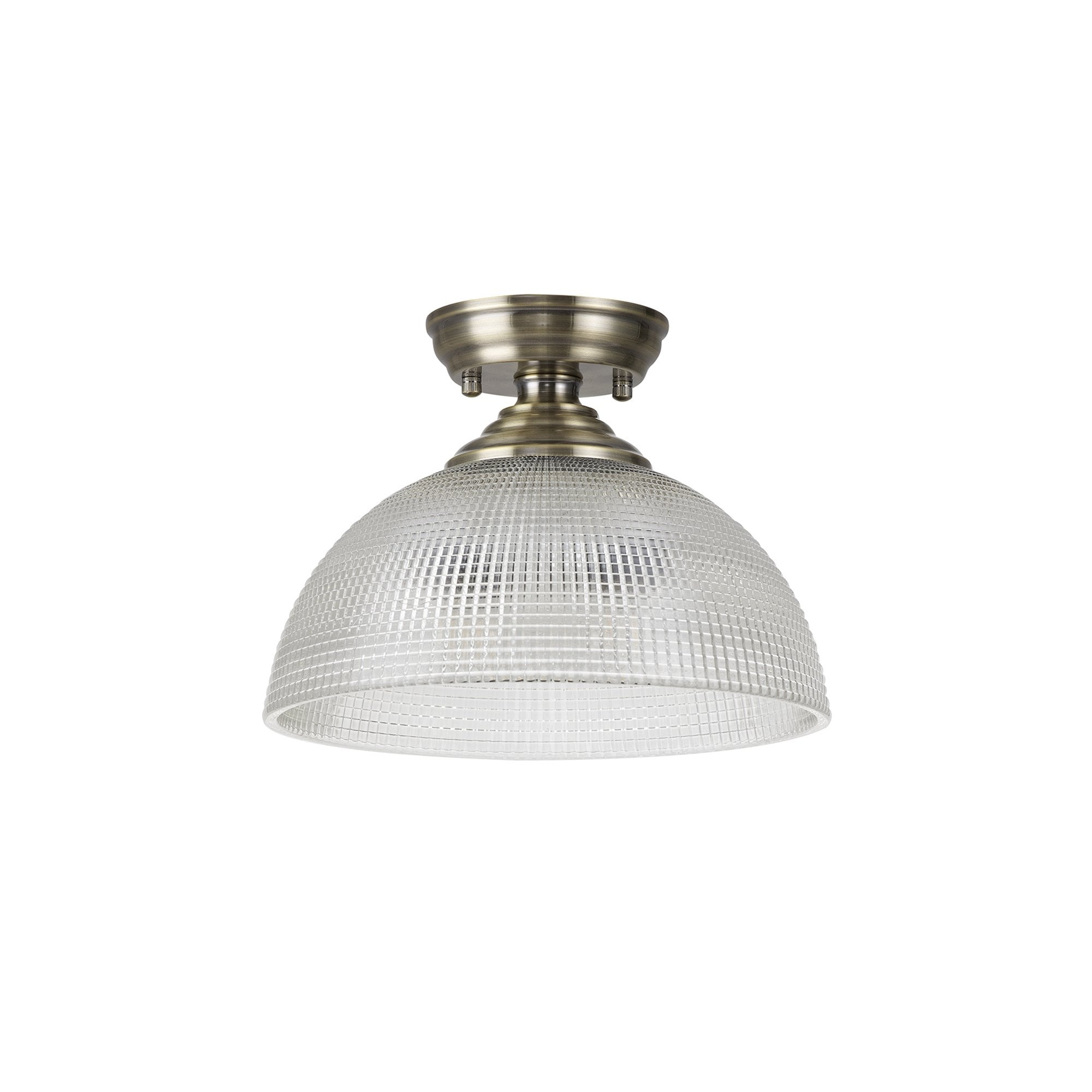 Fabula Mansfield Single Flush Light - 30cm Round Prismatic Effect Glass Shade - Antique Brass & Clear Glass
