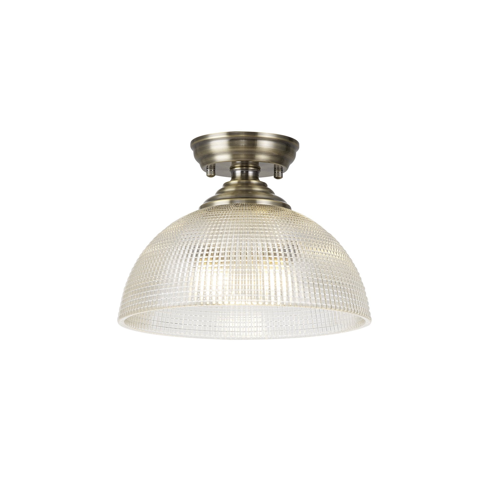 Fabula Mansfield Single Flush Light - 30cm Round Prismatic Effect Glass Shade - Antique Brass & Clear Glass