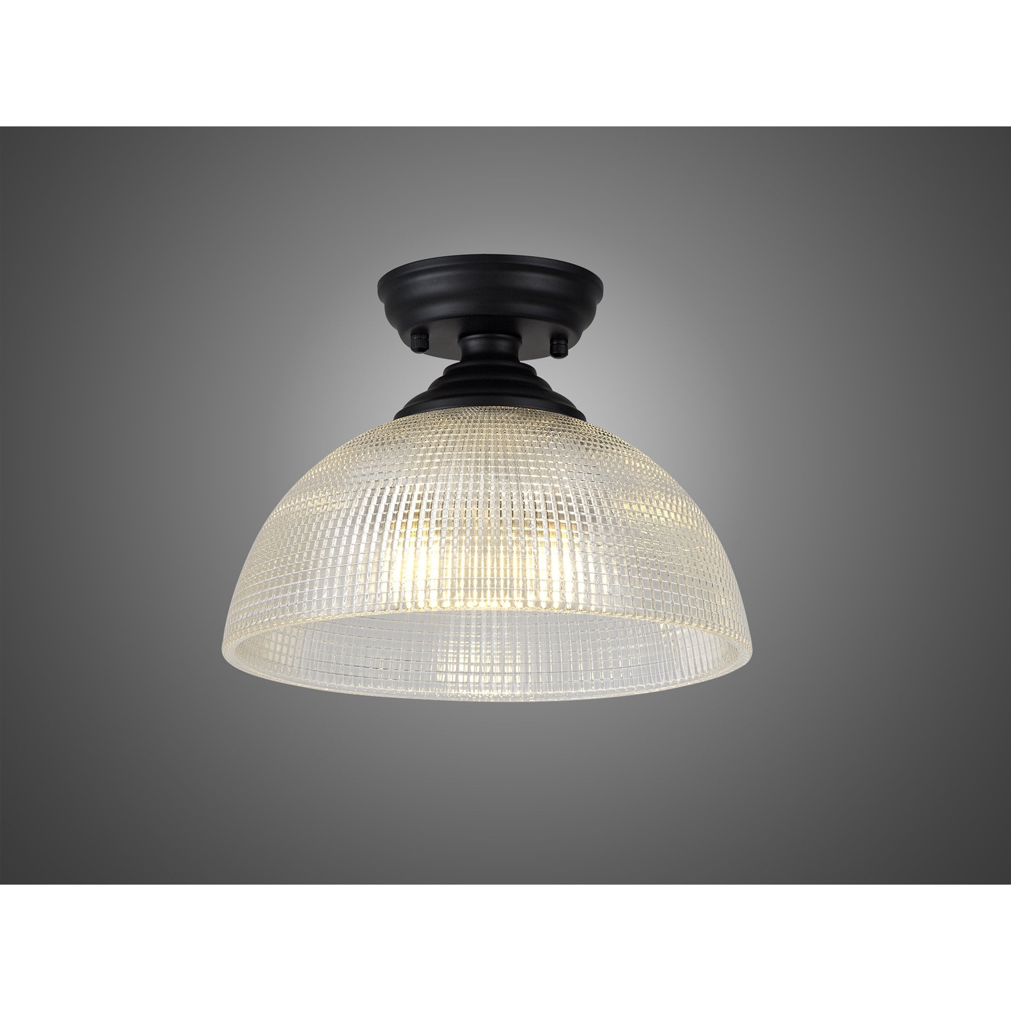 Fabula Mansfield Single Flush Light - 30cm Round Prismatic Effect Glass Shade - Matt Black & Clear Glass