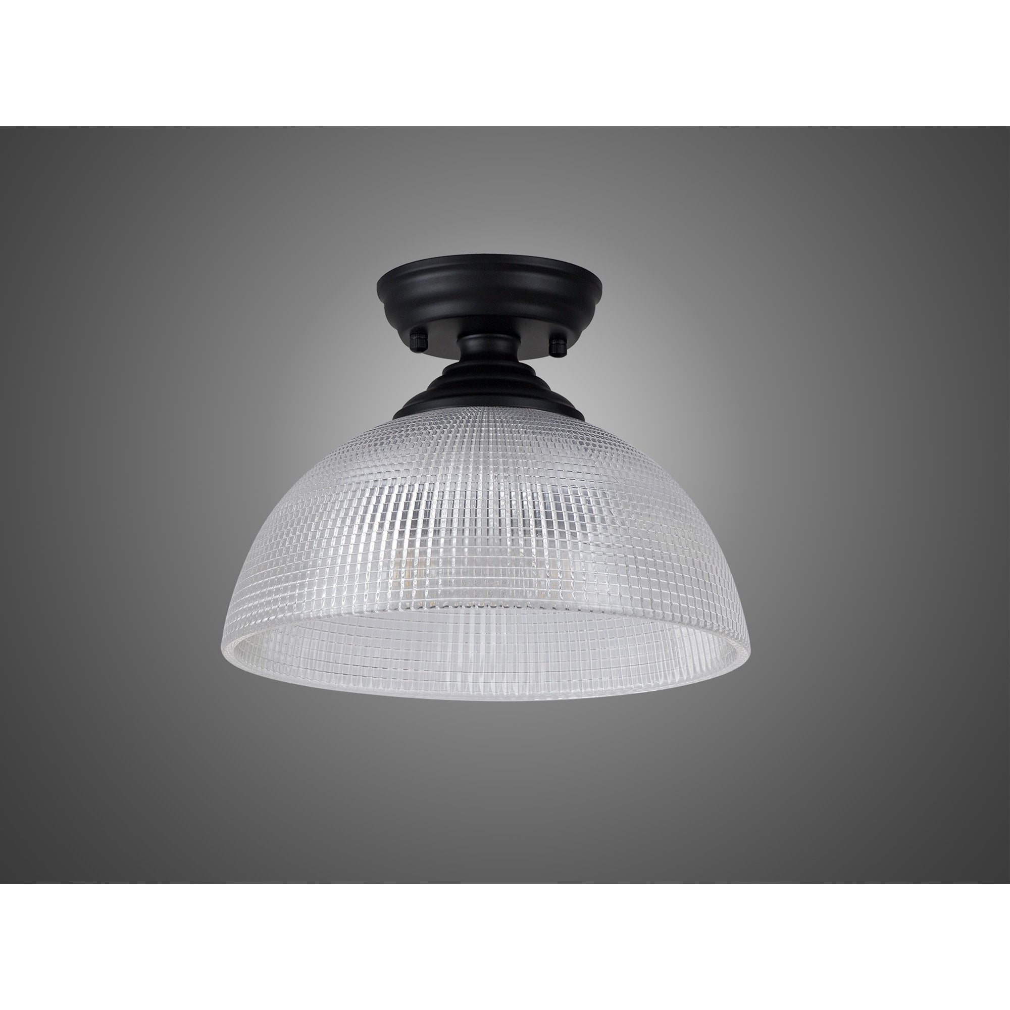 Fabula Mansfield Single Flush Light - 30cm Round Prismatic Effect Glass Shade - Matt Black & Clear Glass