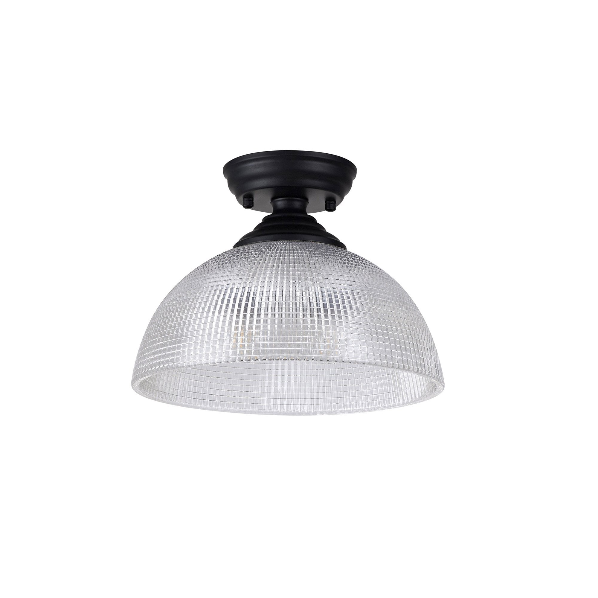 Fabula Mansfield Single Flush Light - 30cm Round Prismatic Effect Glass Shade - Matt Black & Clear Glass