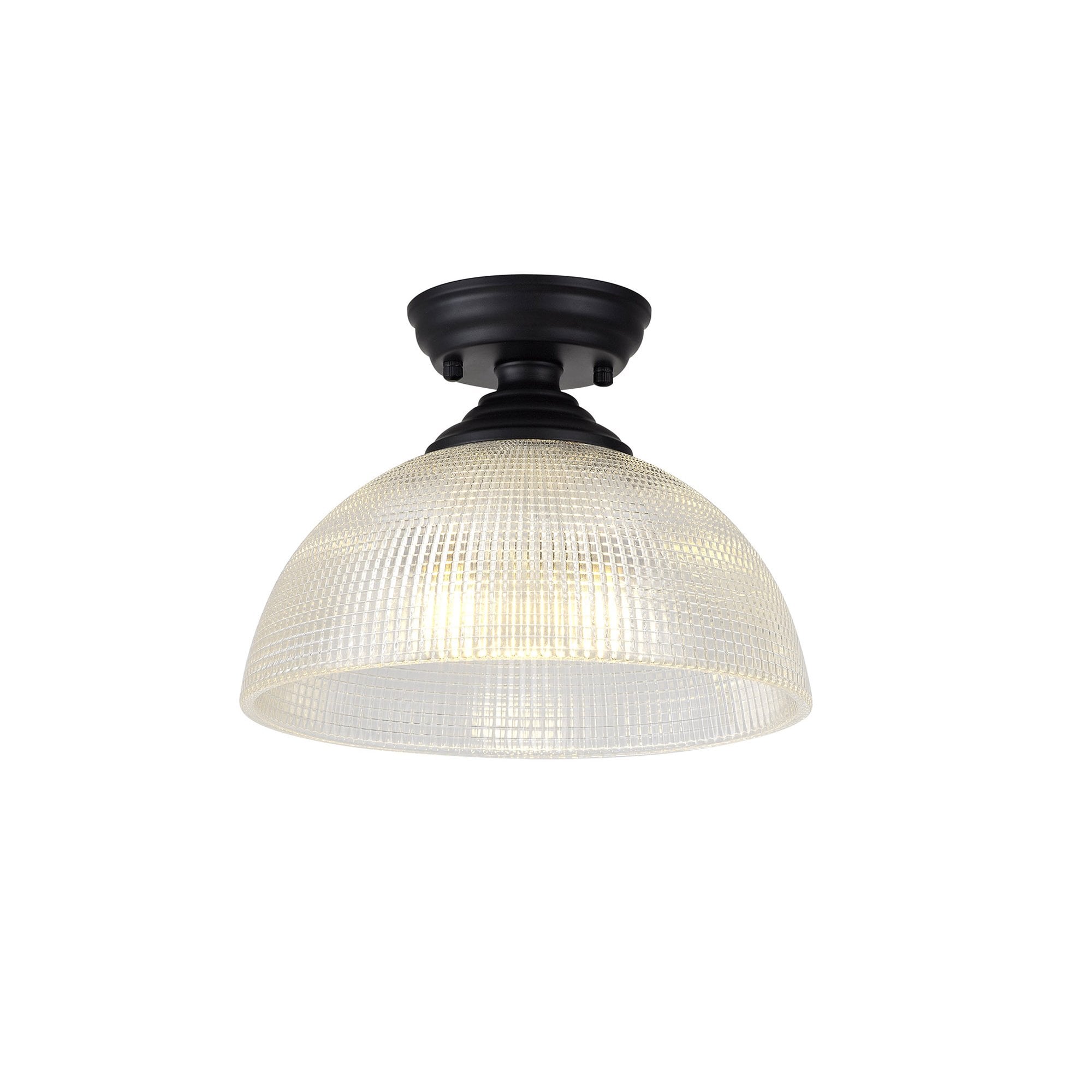 Fabula Mansfield Single Flush Light - 30cm Round Prismatic Effect Glass Shade - Matt Black & Clear Glass