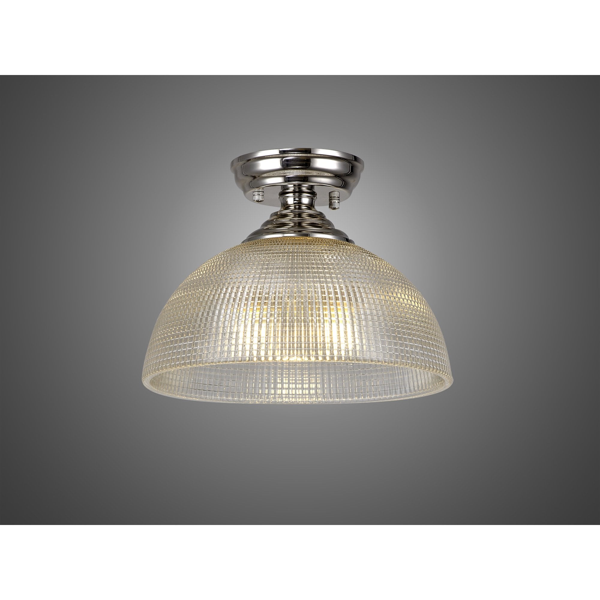 Fabula Mansfield Single Flush Light - 30cm Round Prismatic Effect Glass Shade - Polished Nickel & Clear Glass