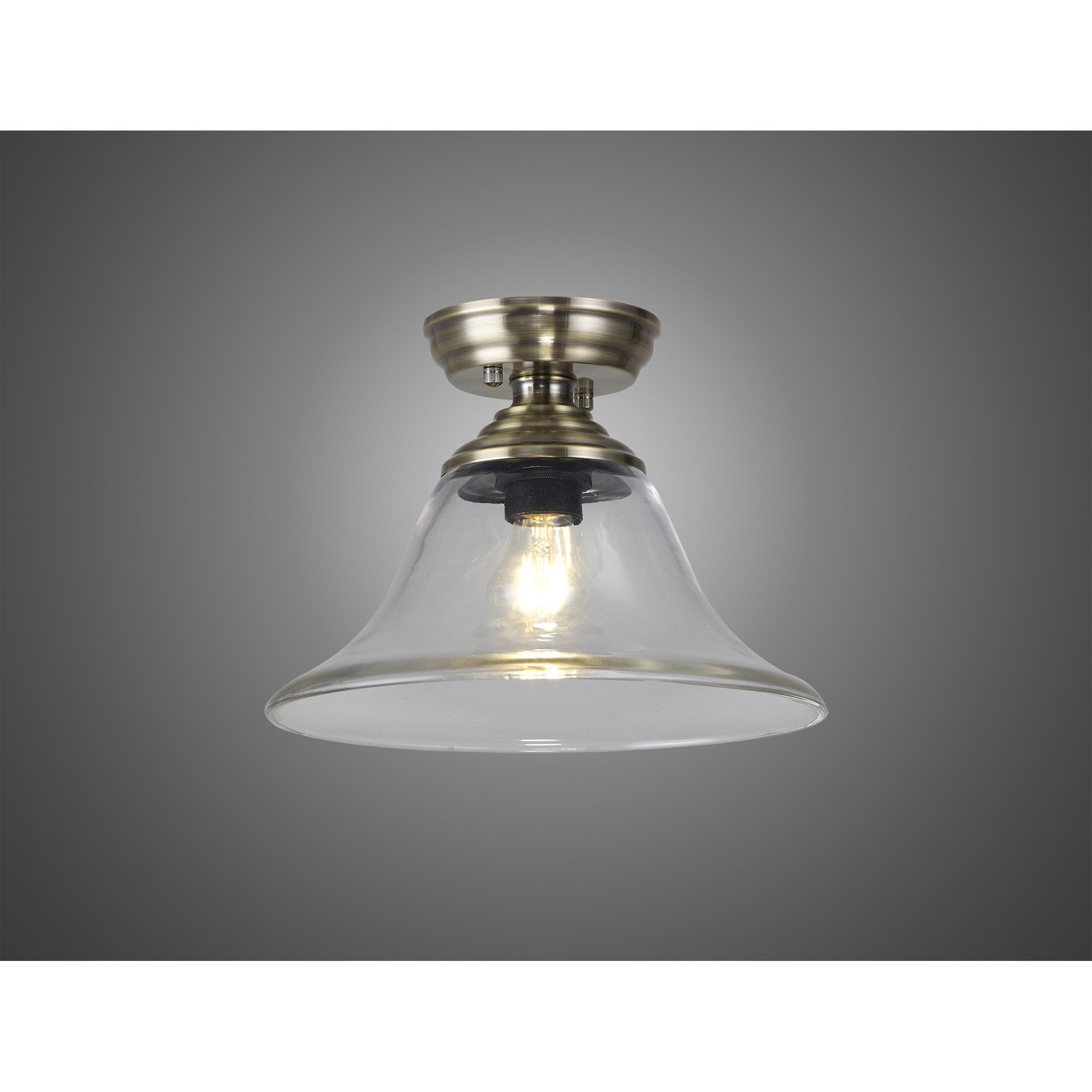 Fabula Mansfield Single Flush Light - 30cm Smooth Bell Glass Shade - Antique Brass & Clear Glass