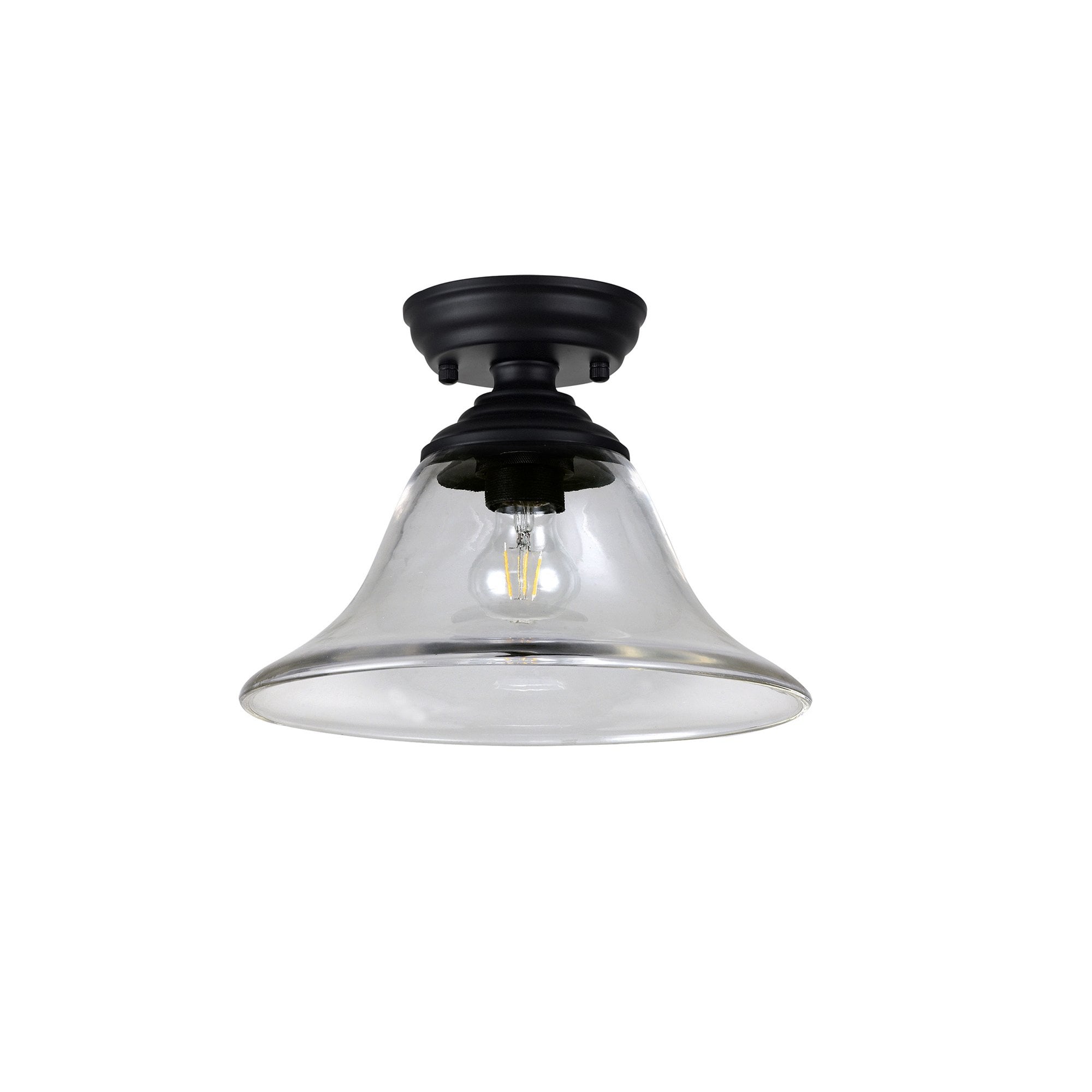 Fabula Mansfield Single Flush Light - 30cm Smooth Bell Glass Shade - Matt Black & Clear Glass
