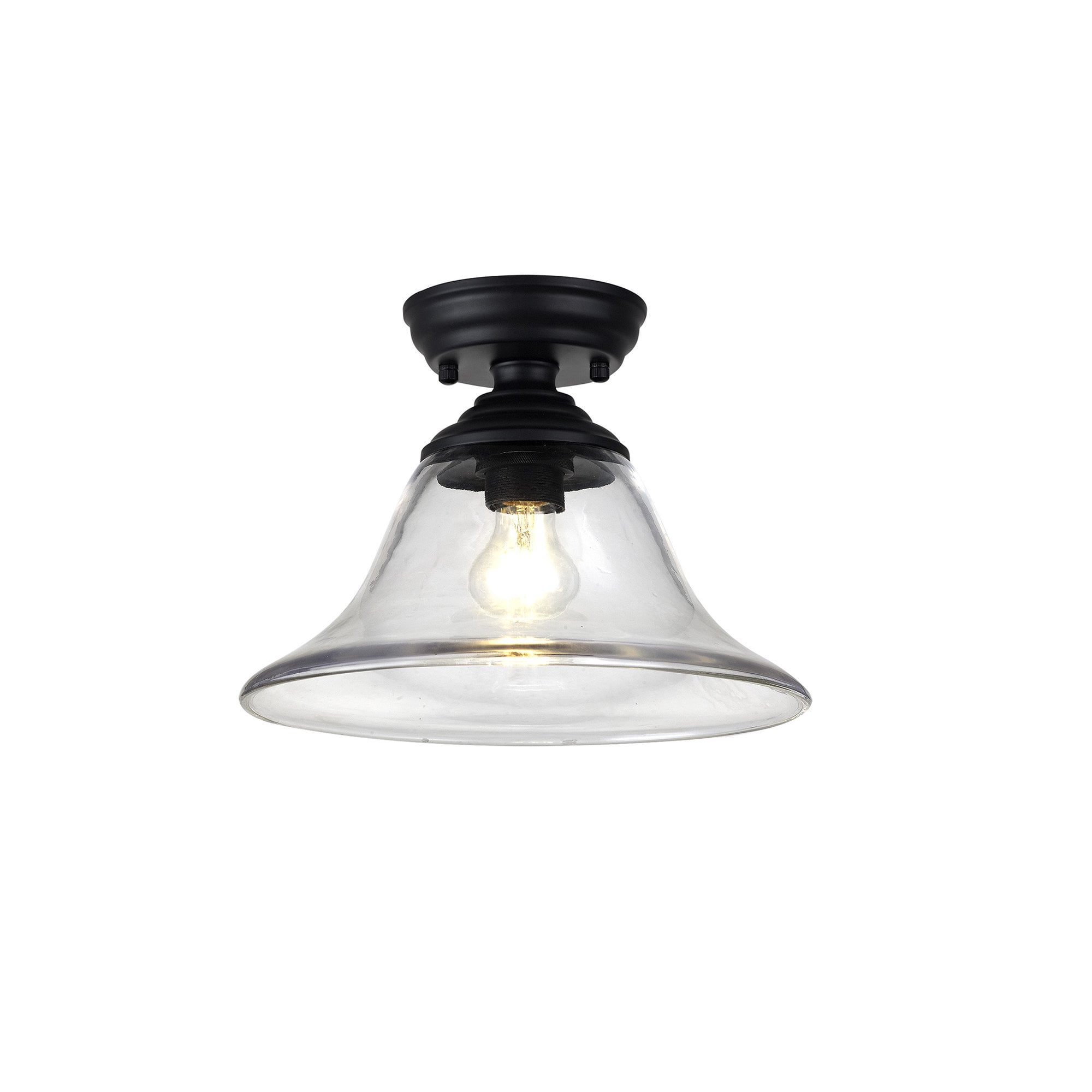 Fabula Mansfield Single Flush Light - 30cm Smooth Bell Glass Shade - Matt Black & Clear Glass