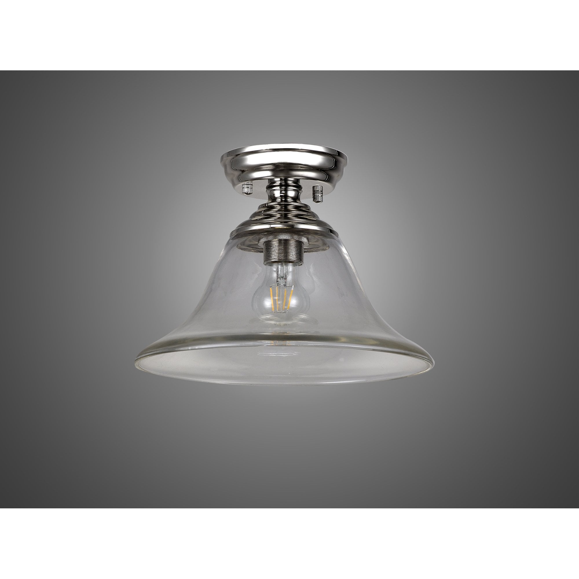 Fabula Mansfield Single Flush Light - 30cm Smooth Bell Glass Shade - Polished Nickel & Clear Glass