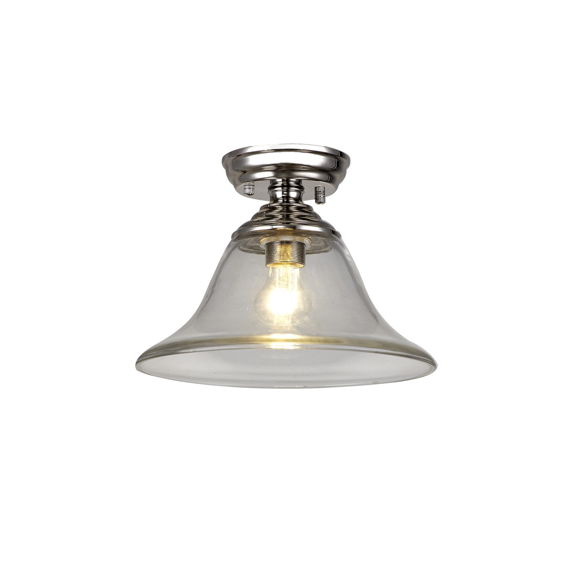 Fabula Mansfield Single Flush Light - 30cm Smooth Bell Glass Shade - Polished Nickel & Clear Glass