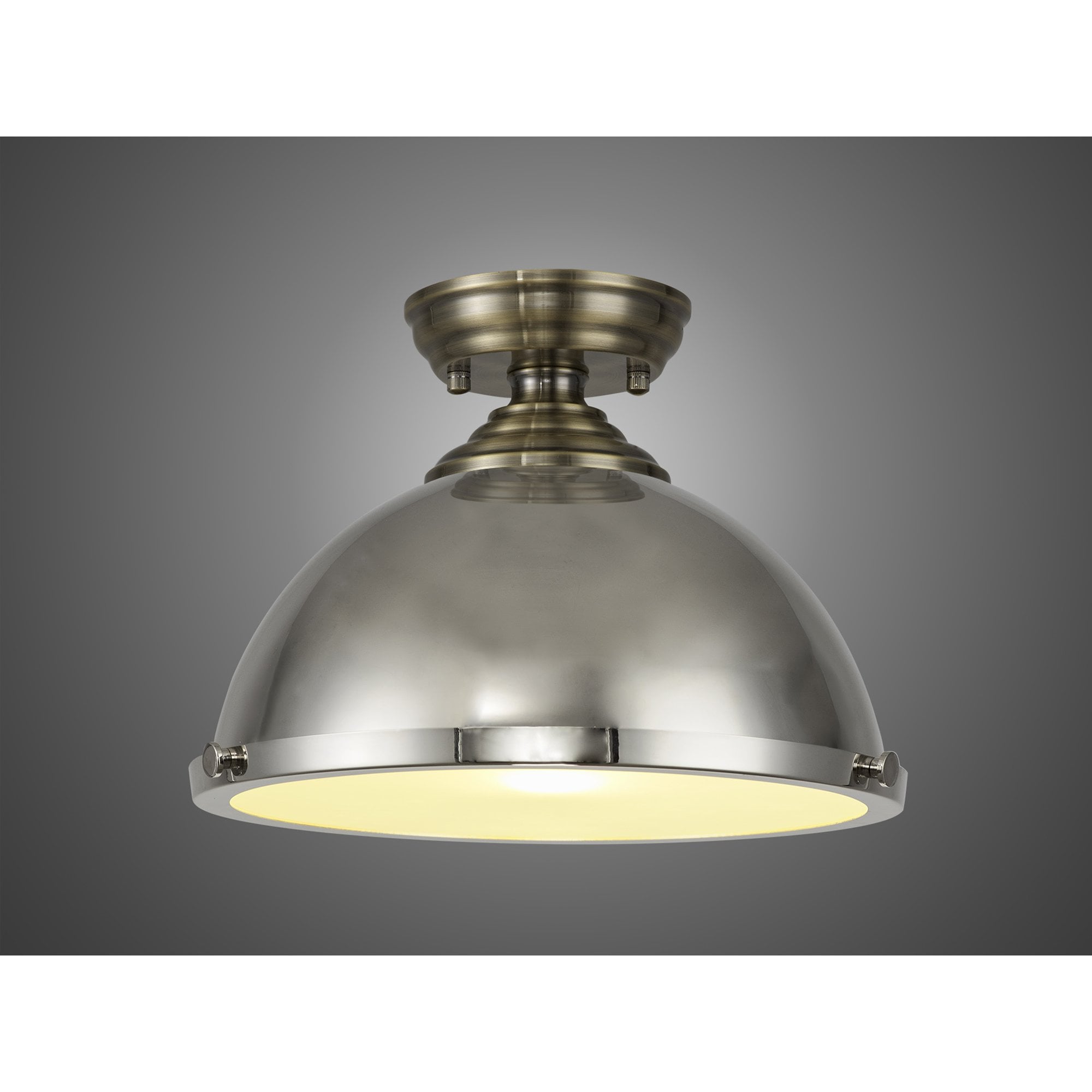 Fabula Mansfield Single Flush Light - 31cm Round Metal Shade - Antique Brass & Polished Nickel