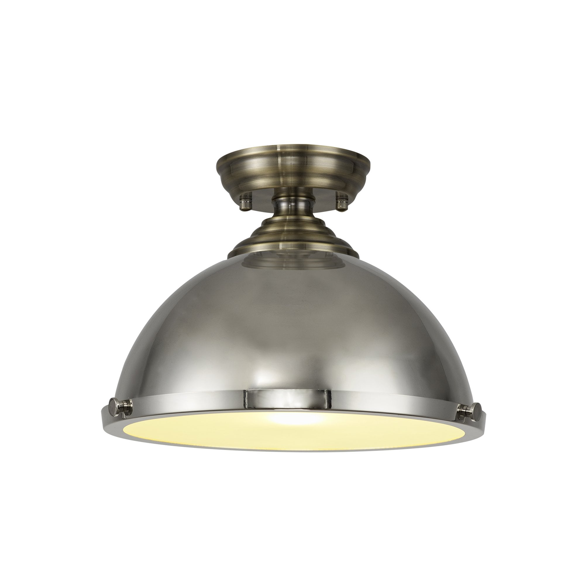Fabula Mansfield Single Flush Light - 31cm Round Metal Shade - Antique Brass & Polished Nickel