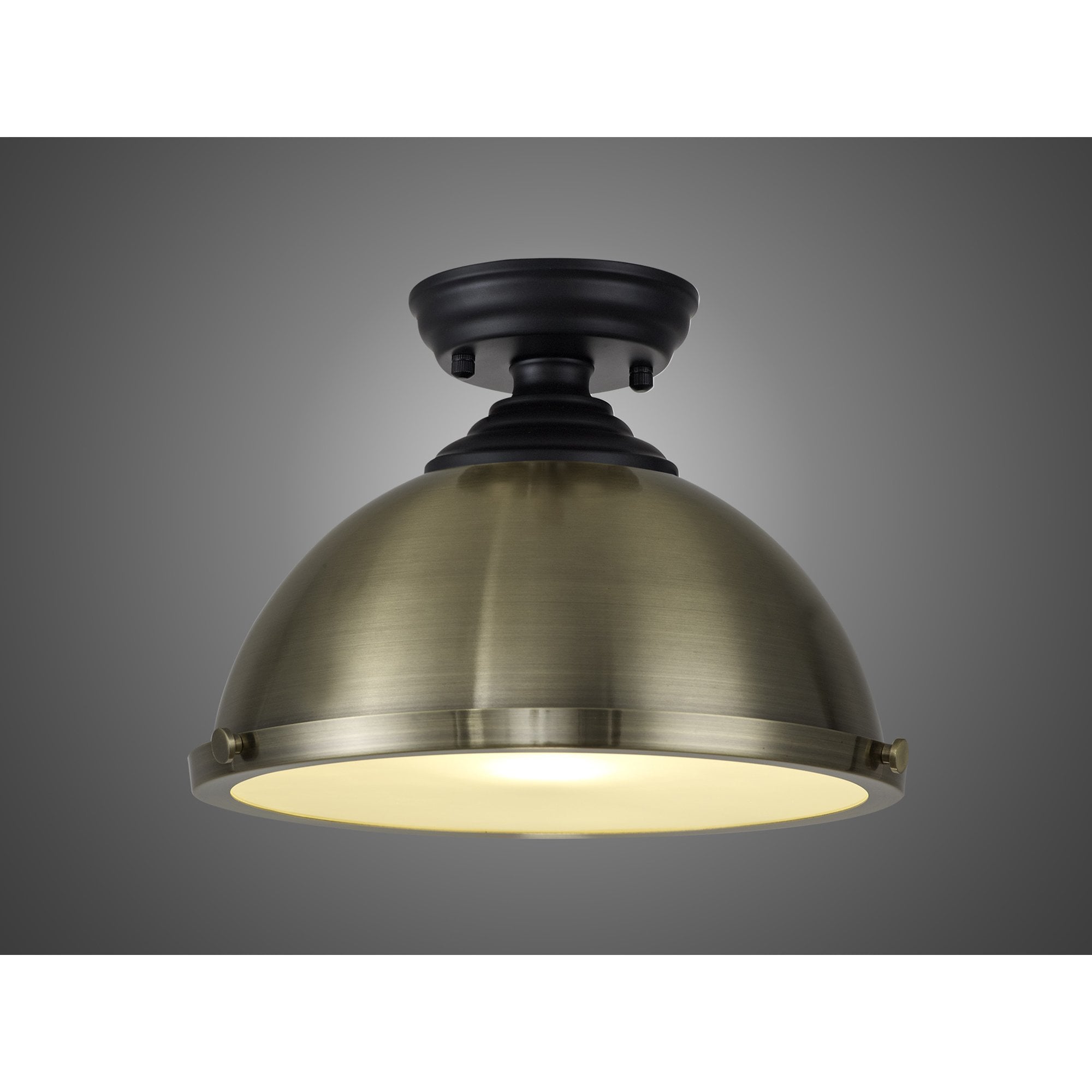 Fabula Mansfield Single Flush Light - 31cm Round Metal Shade - Matt Black & Antique Brass
