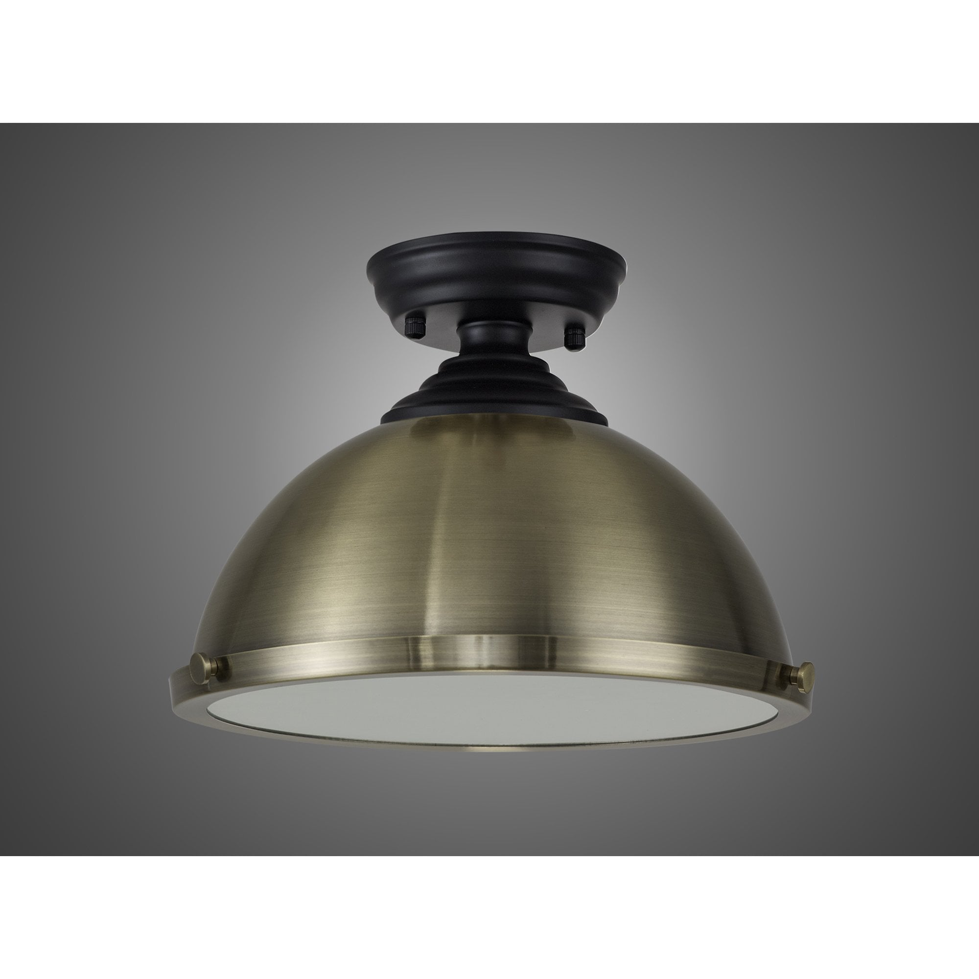 Fabula Mansfield Single Flush Light - 31cm Round Metal Shade - Matt Black & Antique Brass
