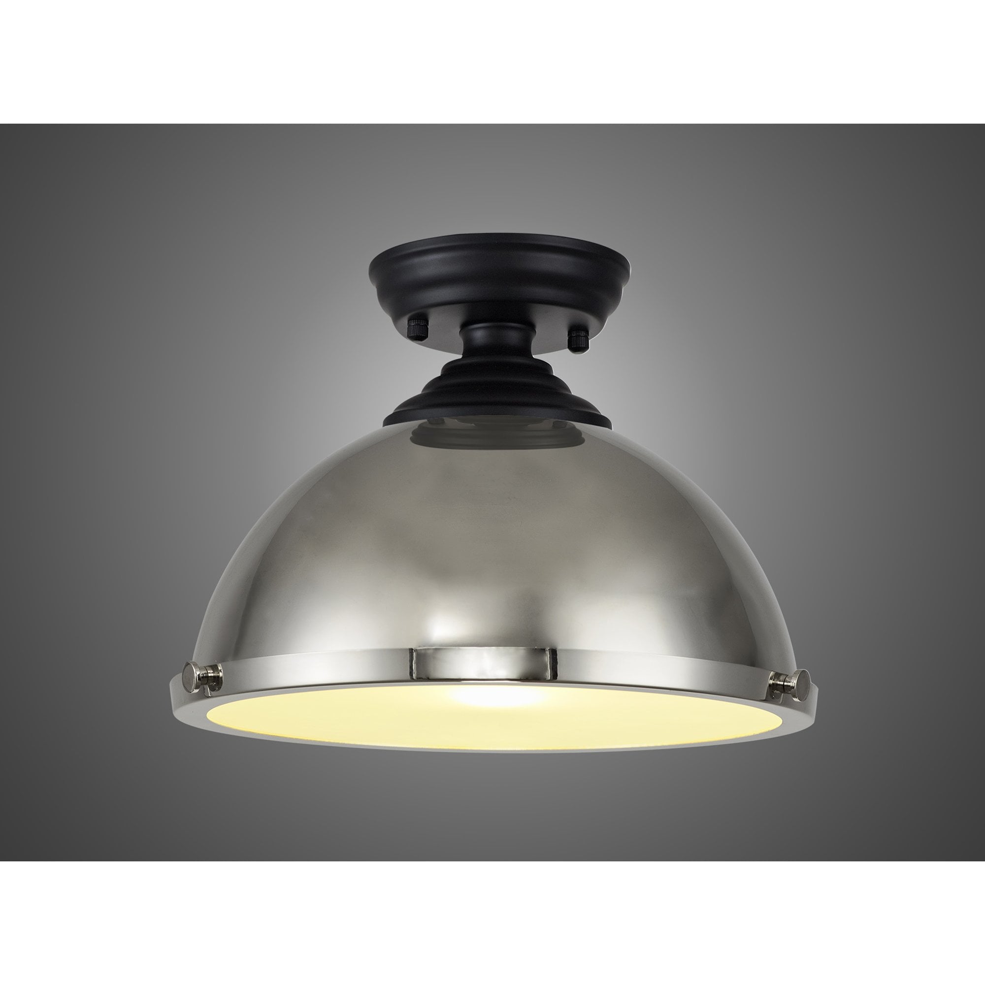 Fabula Mansfield Single Flush Light - 31cm Round Metal Shade - Matt Black & Polished Nickel