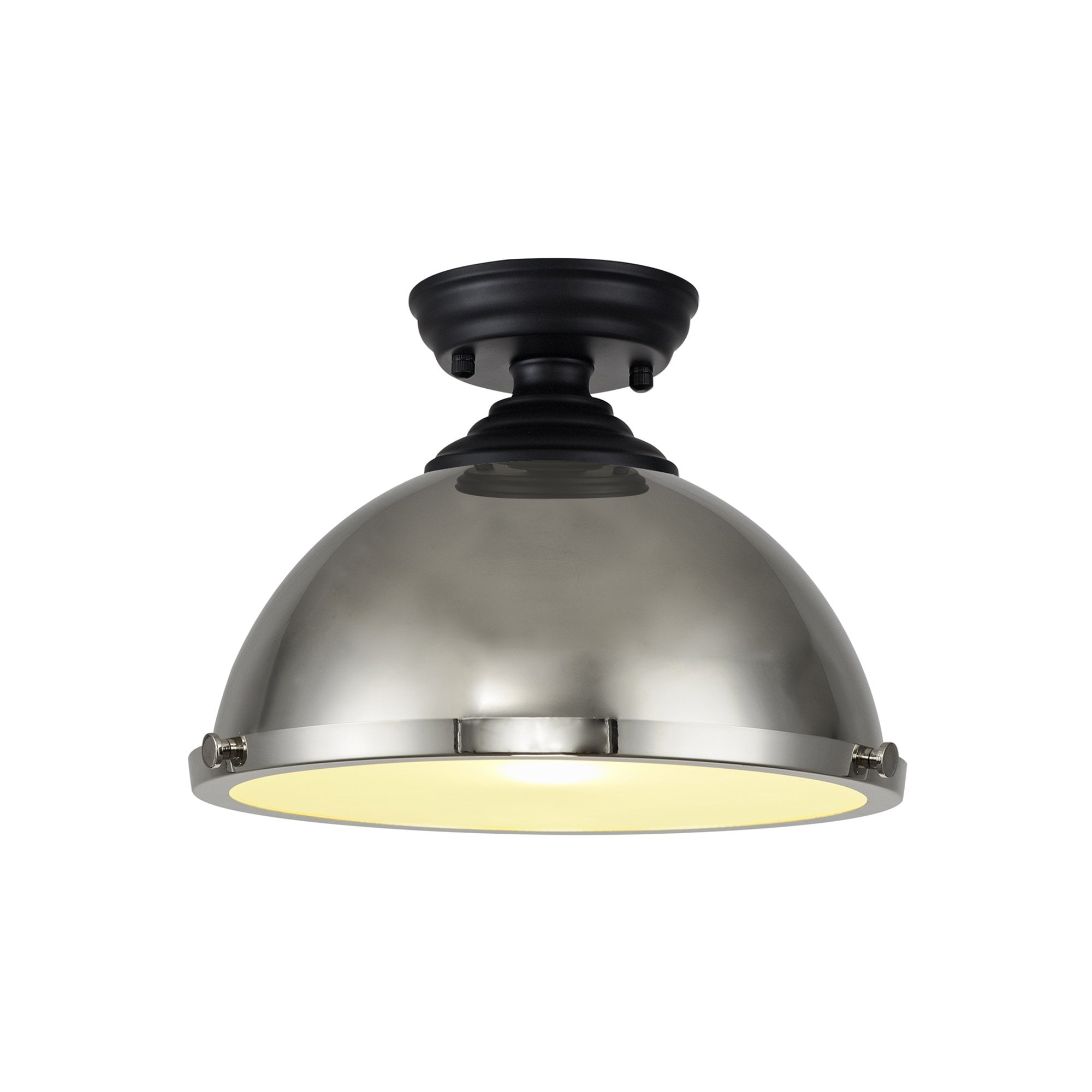 Fabula Mansfield Single Flush Light - 31cm Round Metal Shade - Matt Black & Polished Nickel
