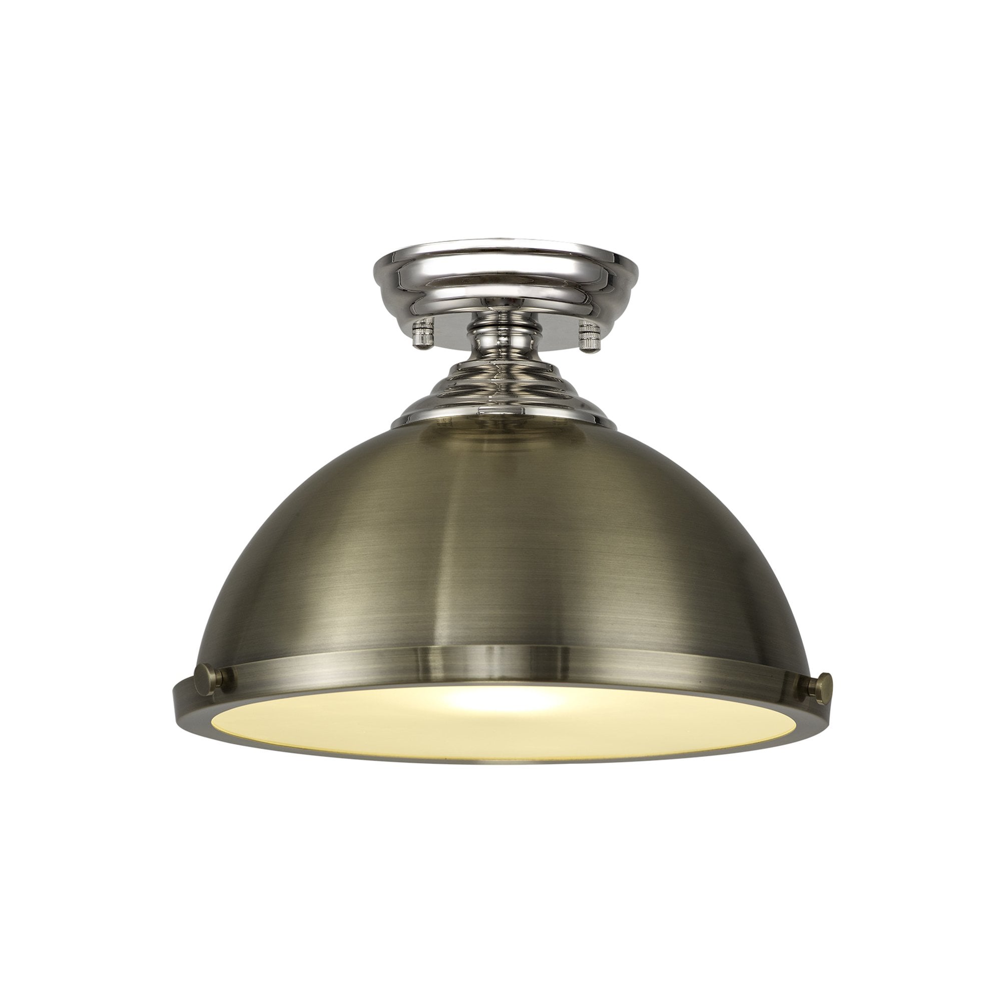 Fabula Mansfield Single Flush Light - 31cm Round Metal Shade - Polished Nickel & Antique Brass
