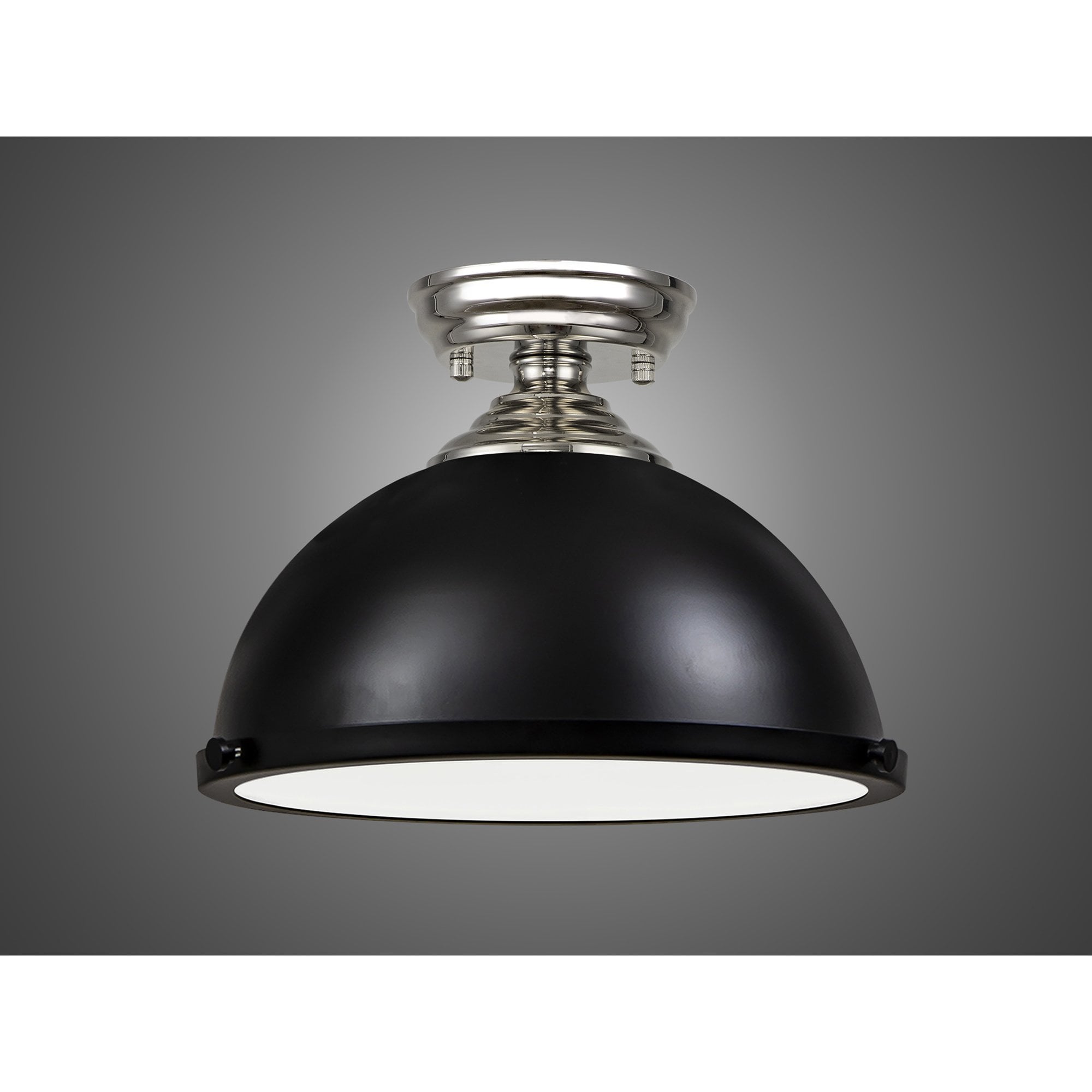 Fabula Mansfield Single Flush Light - 31cm Round Metal Shade - Polished Nickel & Matt Black
