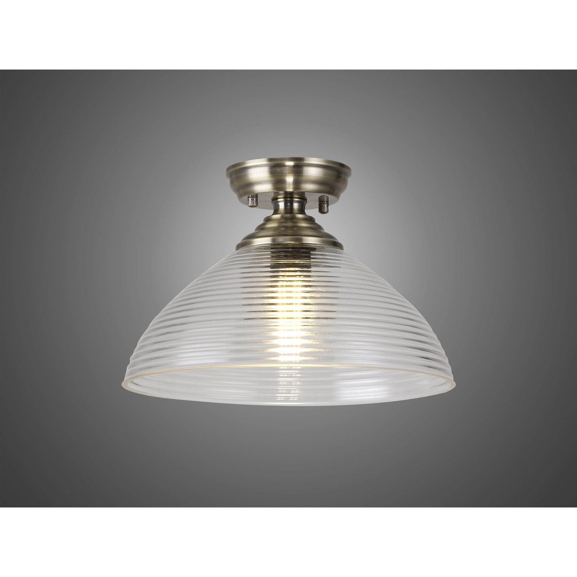 Fabula Mansfield Single Flush Light - 33.5cm Round Prismatic Effect Glass Shade - Antique Brass & Clear Glass