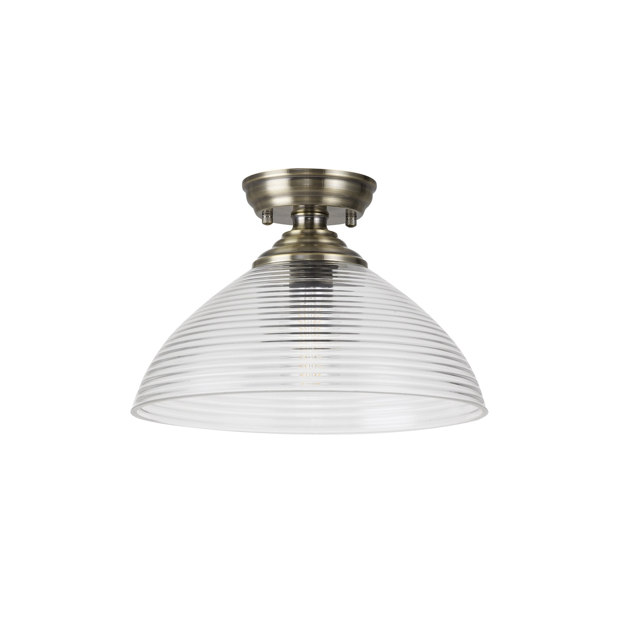 Fabula Mansfield Single Flush Light - 33.5cm Round Prismatic Effect Glass Shade - Antique Brass & Clear Glass