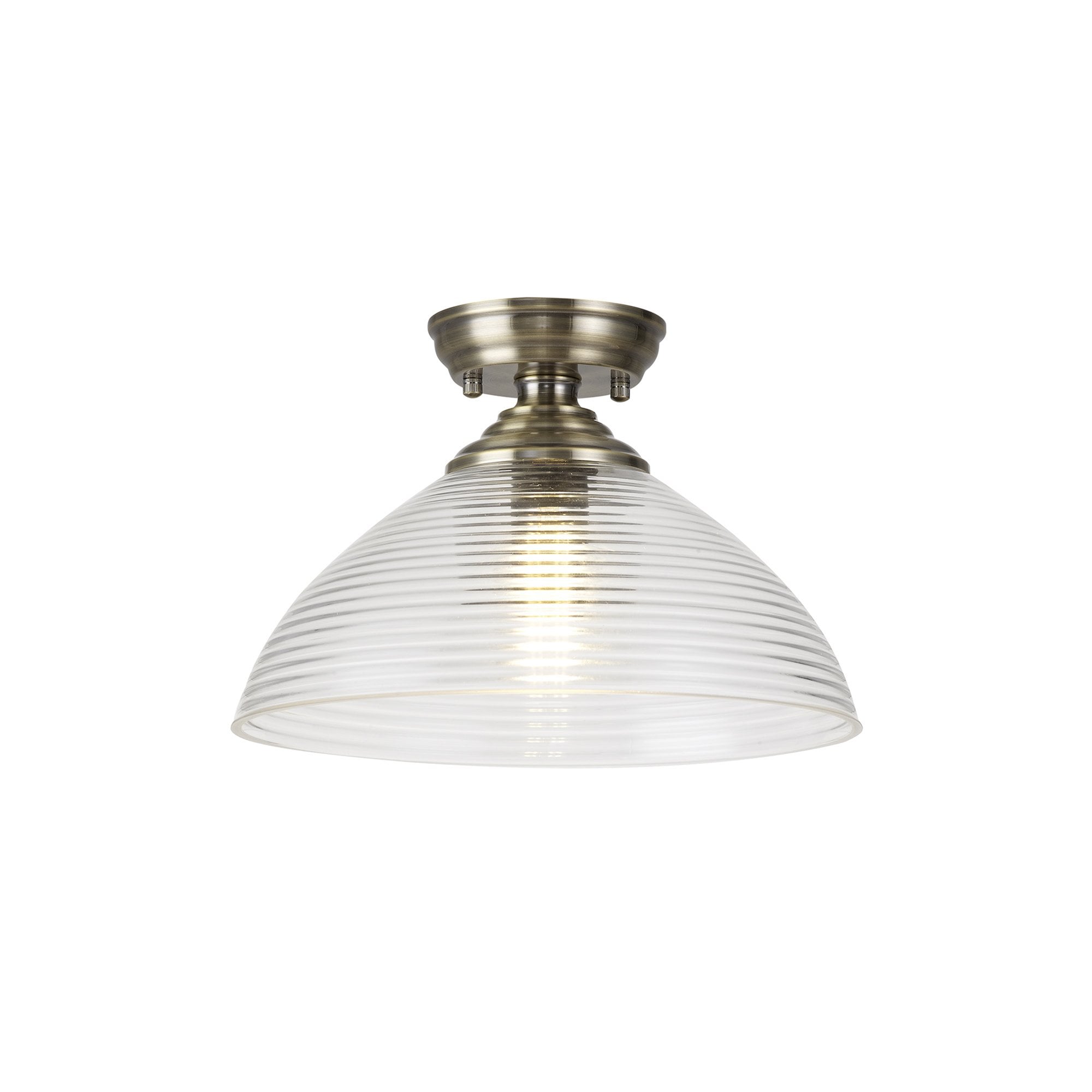 Fabula Mansfield Single Flush Light - 33.5cm Round Prismatic Effect Glass Shade - Antique Brass & Clear Glass