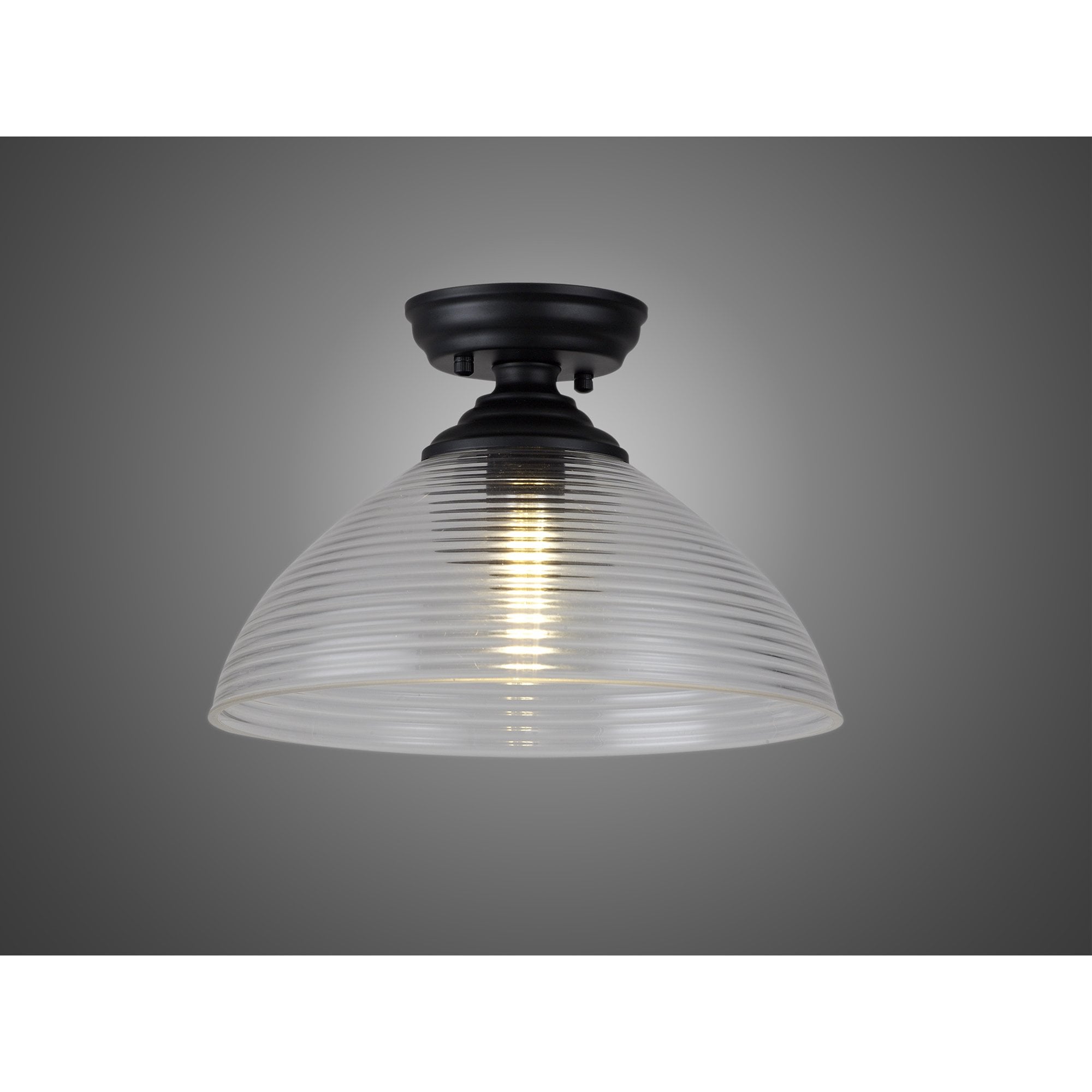 Fabula Mansfield Single Flush Light - 33.5cm Round Prismatic Effect Glass Shade - Matt Black & Clear Glass