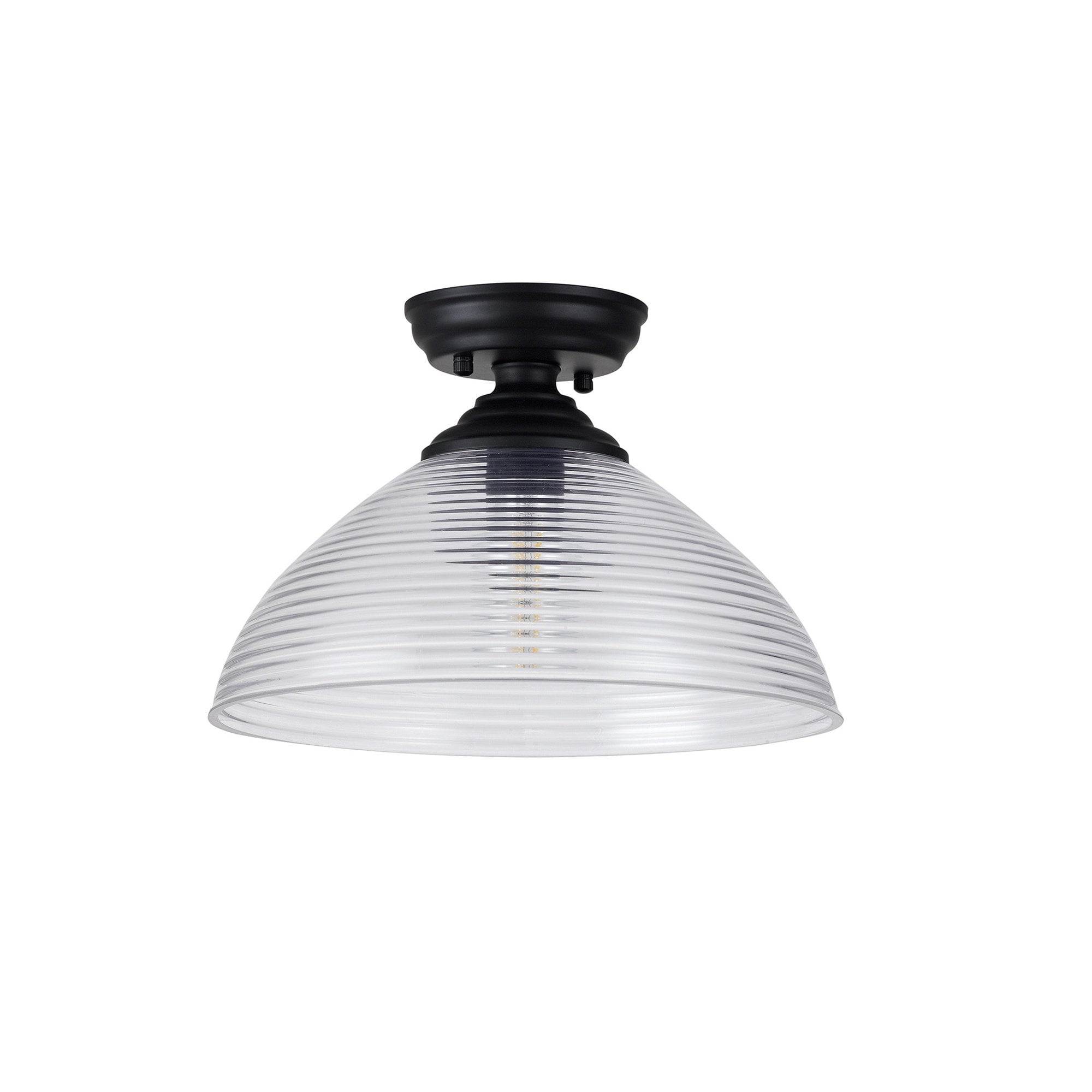 Fabula Mansfield Single Flush Light - 33.5cm Round Prismatic Effect Glass Shade - Matt Black & Clear Glass