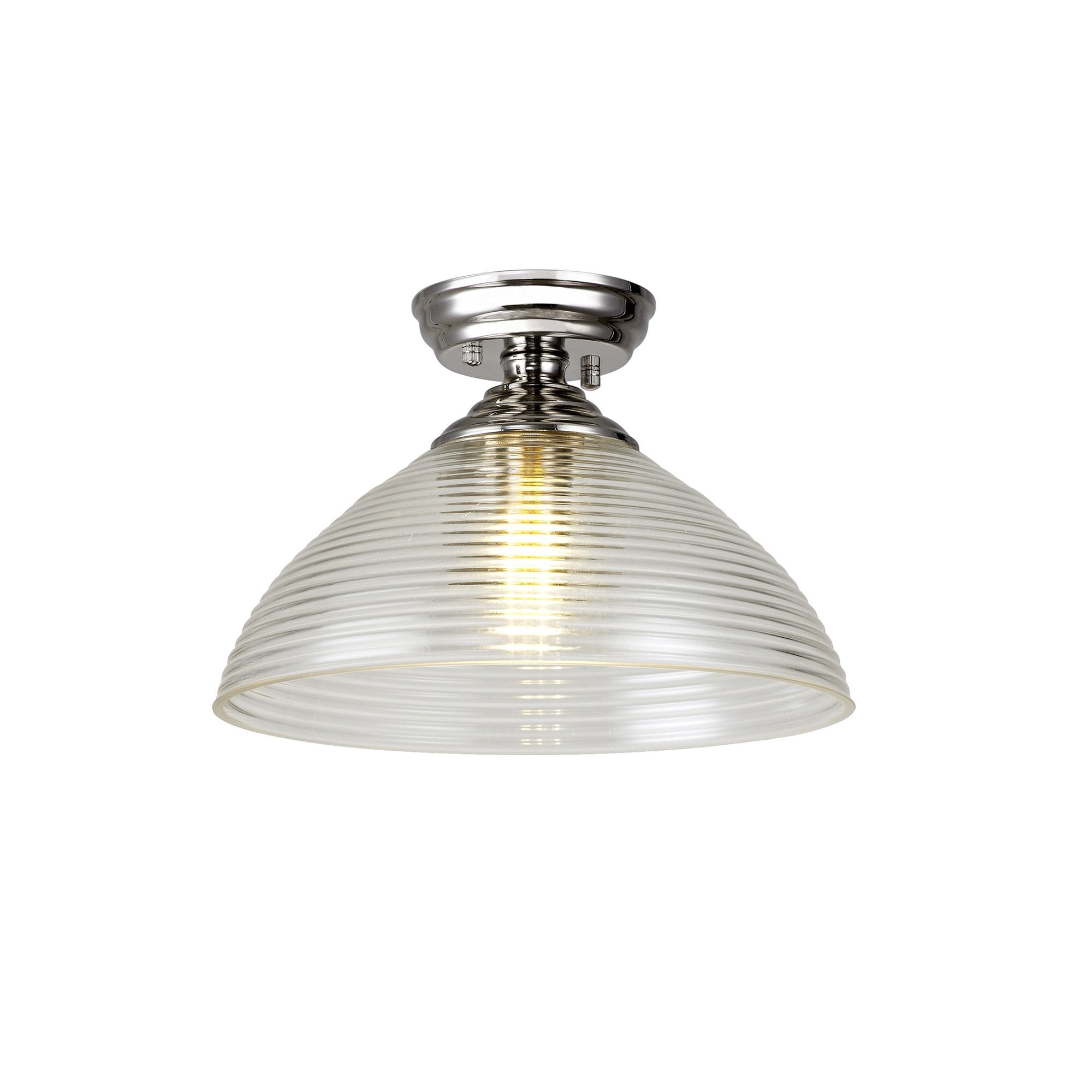 Fabula Mansfield Single Flush Light - 33.5cm Round Prismatic Effect Glass Shade - Polished Nickel & Clear Glass