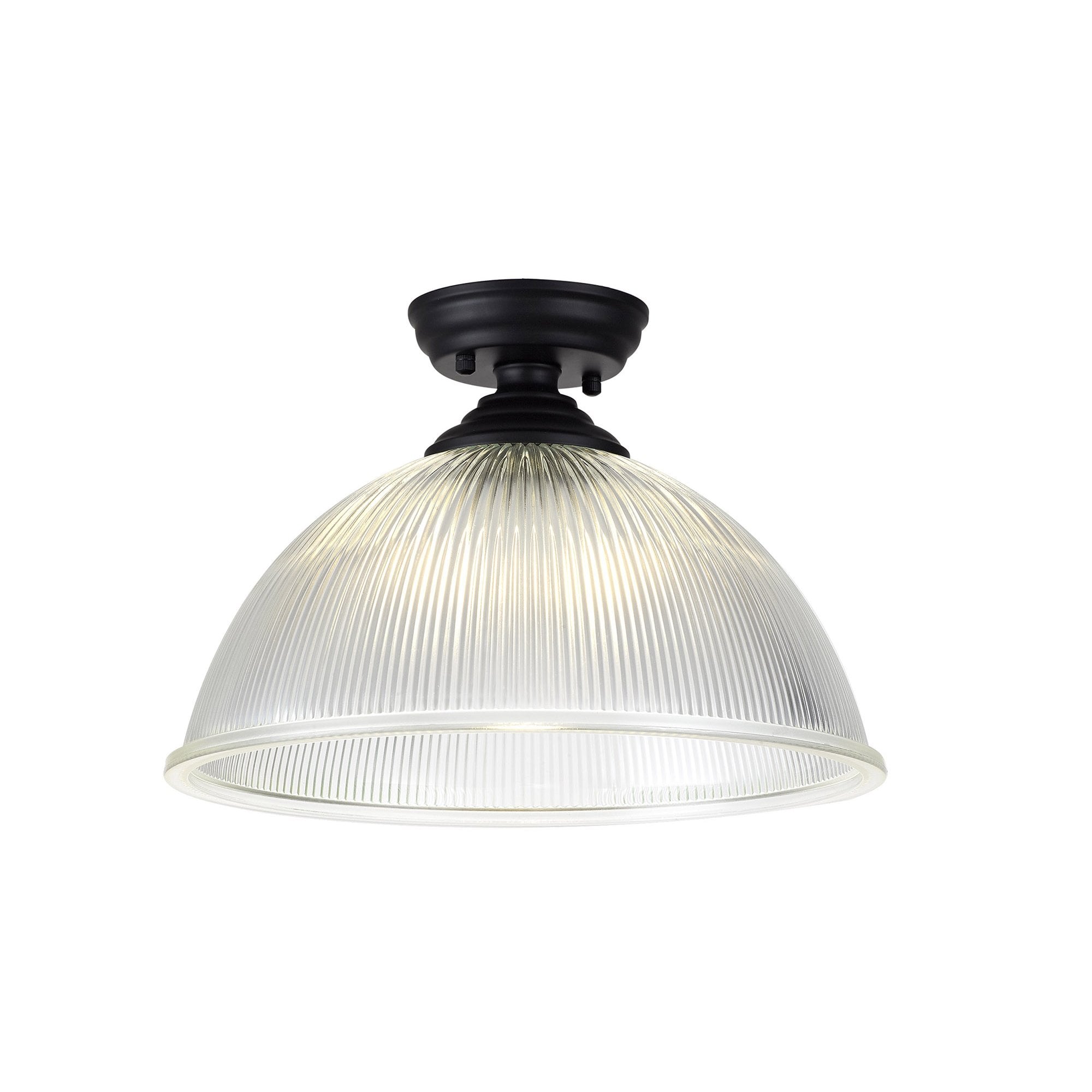 Fabula Mansfield Single Flush Light - 38cm Dome Glass Shade - Matt Black & Clear Glass