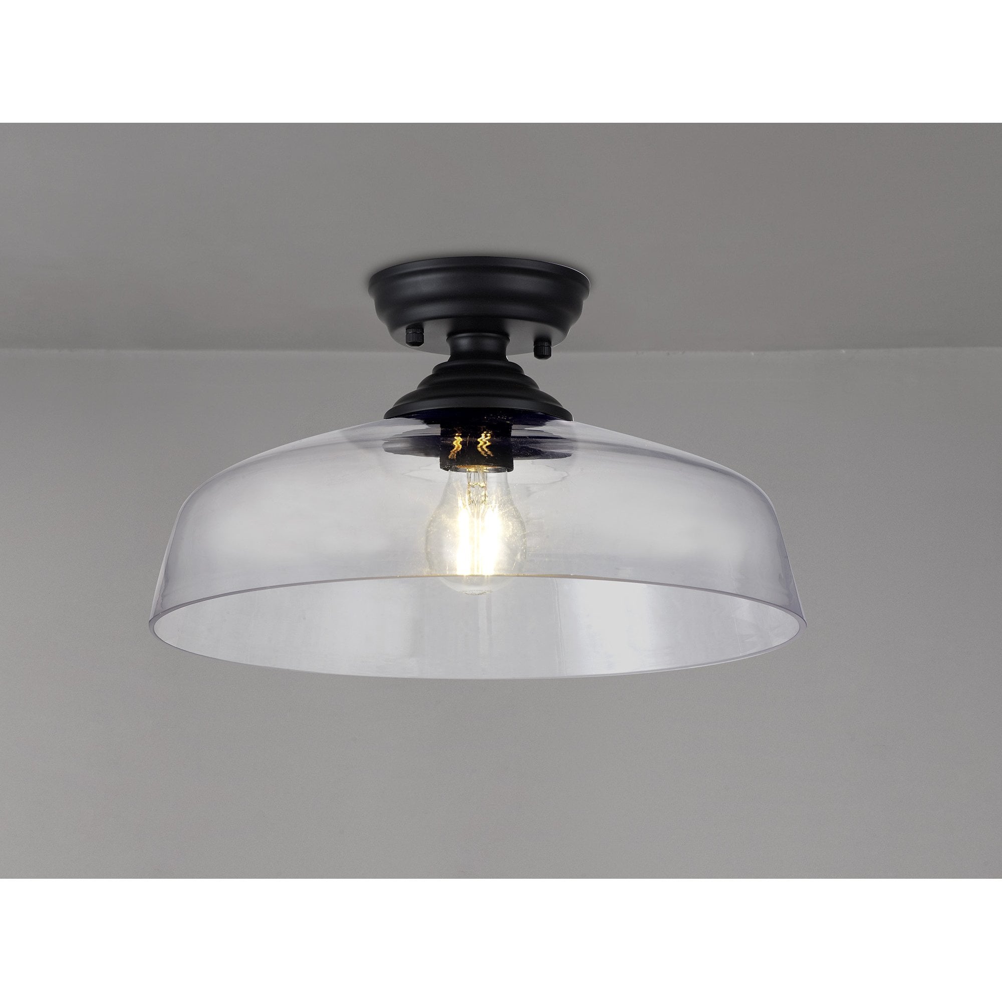 Fabula Mansfield Single Flush Light - 38cm Flat Round Glass Shade - Matt Black & Clear Glass