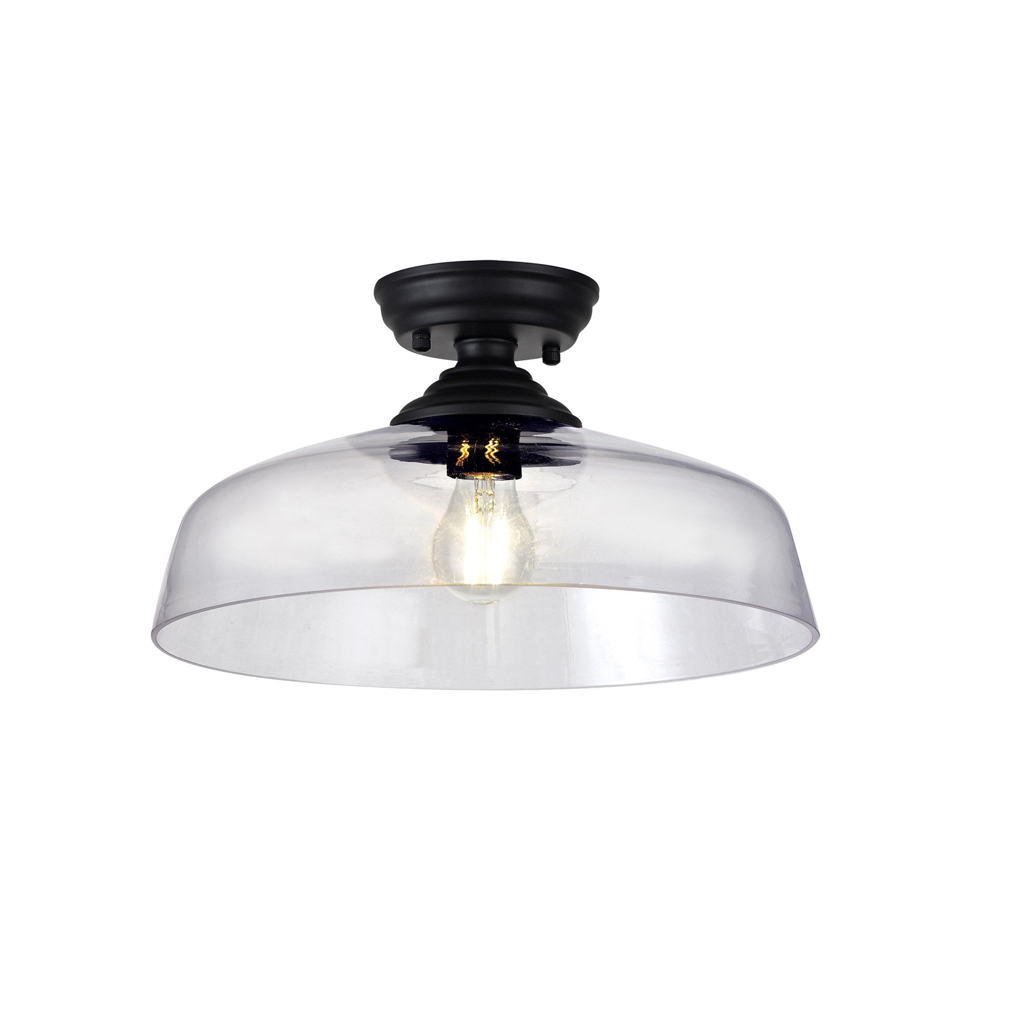 Fabula Mansfield Single Flush Light - 38cm Flat Round Glass Shade - Matt Black & Clear Glass