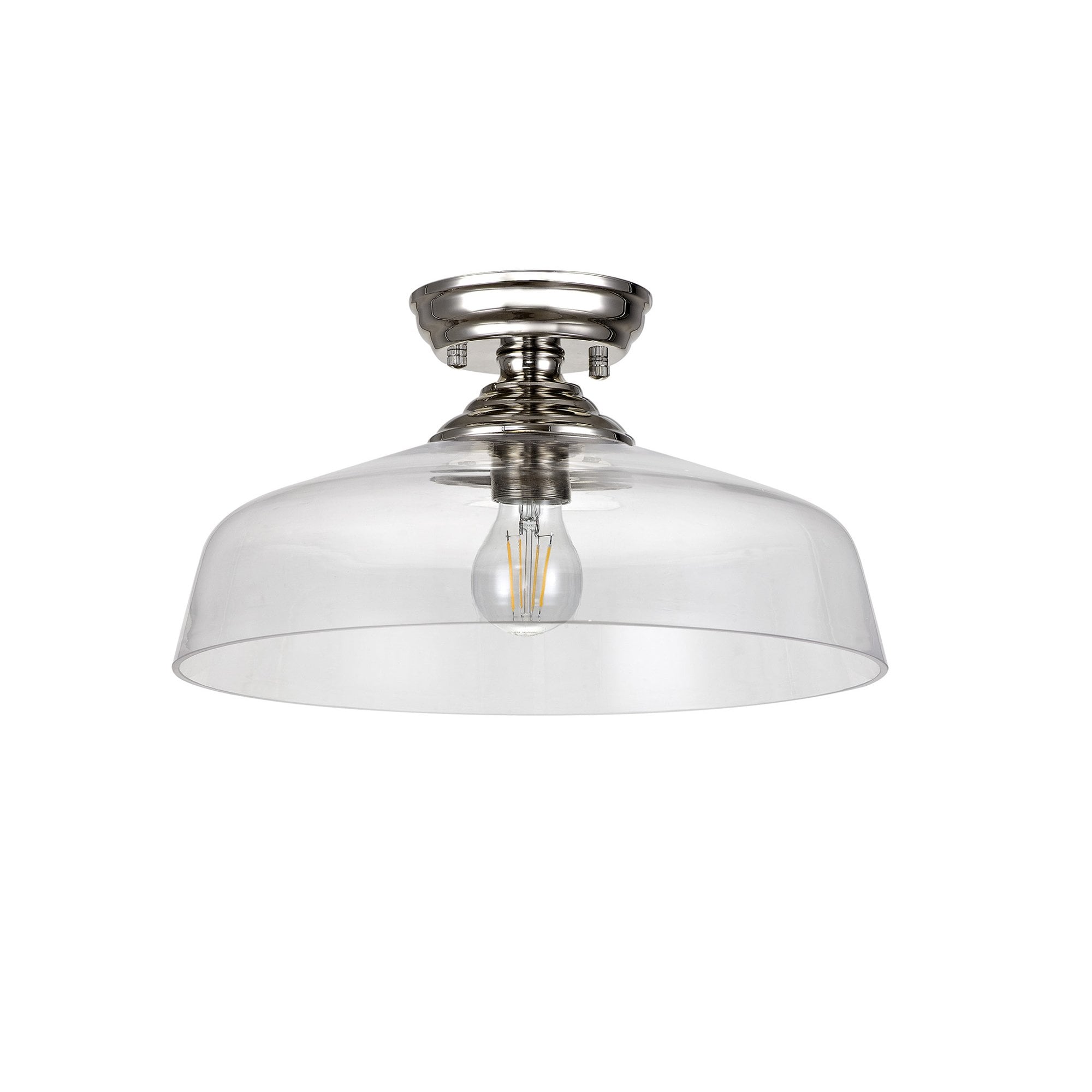 Fabula Mansfield Single Flush Light - 38cm Flat Round Glass Shade - Polished Nickel & Clear Glass